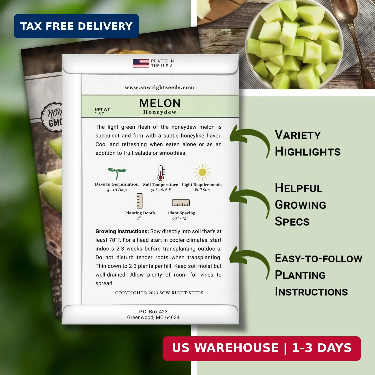 Sow Right Seeds – Green Honeydew Melon Seeds for Planting – Non-GMO Heirloom Pac