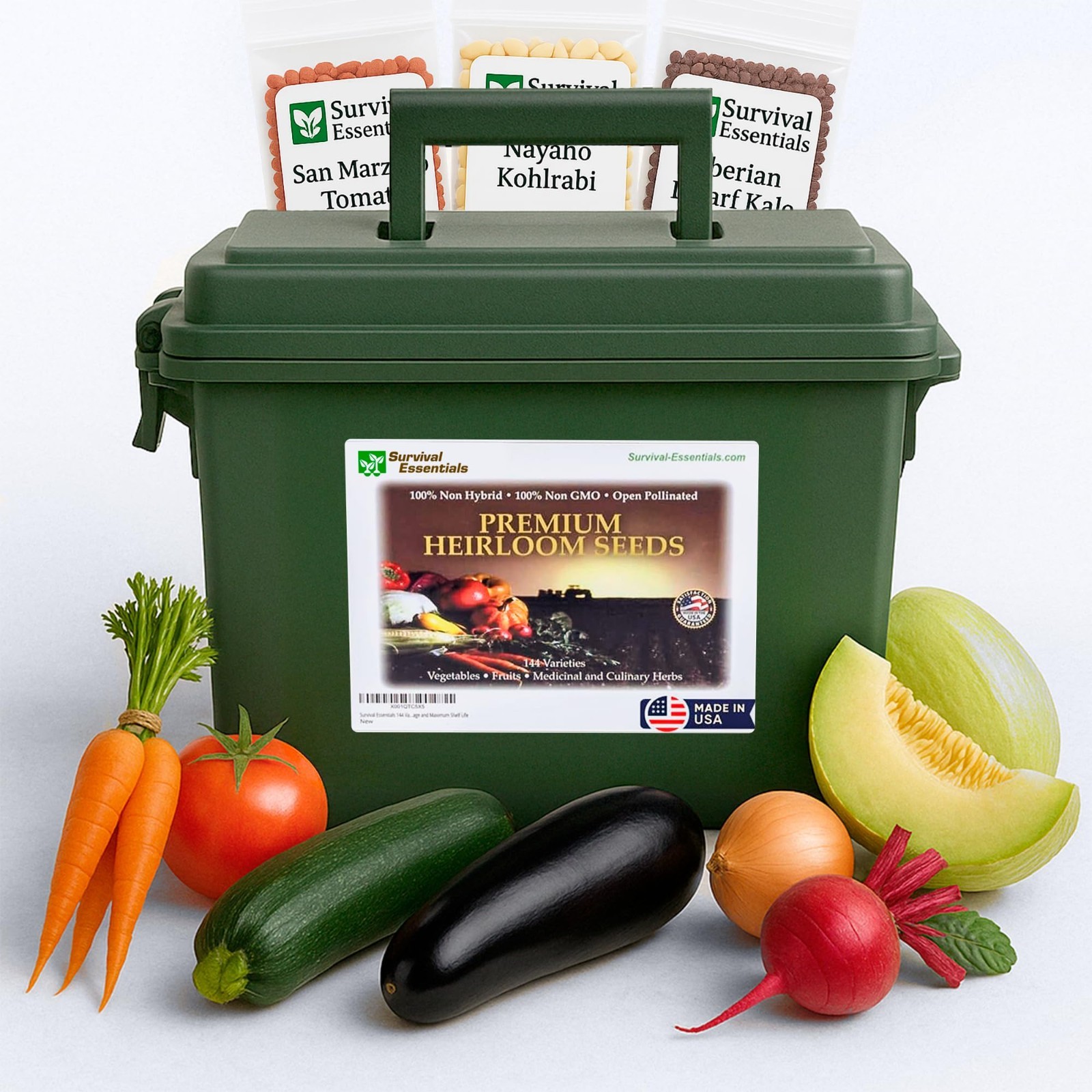 Non-GMO Heirloom Survival Seed Vault – 23,000 Open-Pollinated Seeds, 144 Varieti