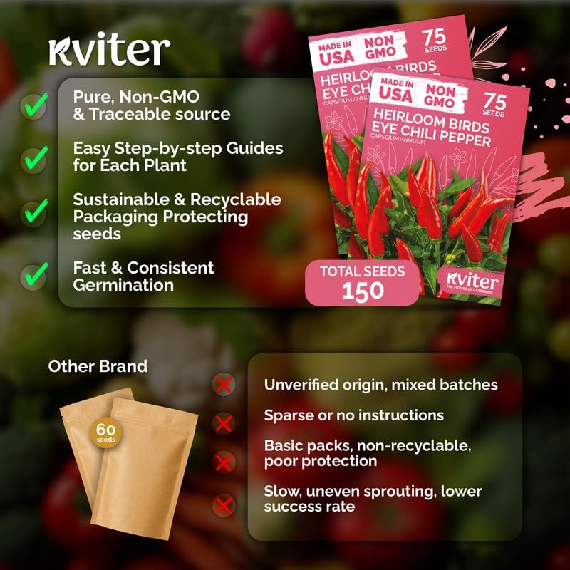 KVITER 150 Birds Eye Chili Pepper Seeds (Capsicum Annuum), 2 Pack