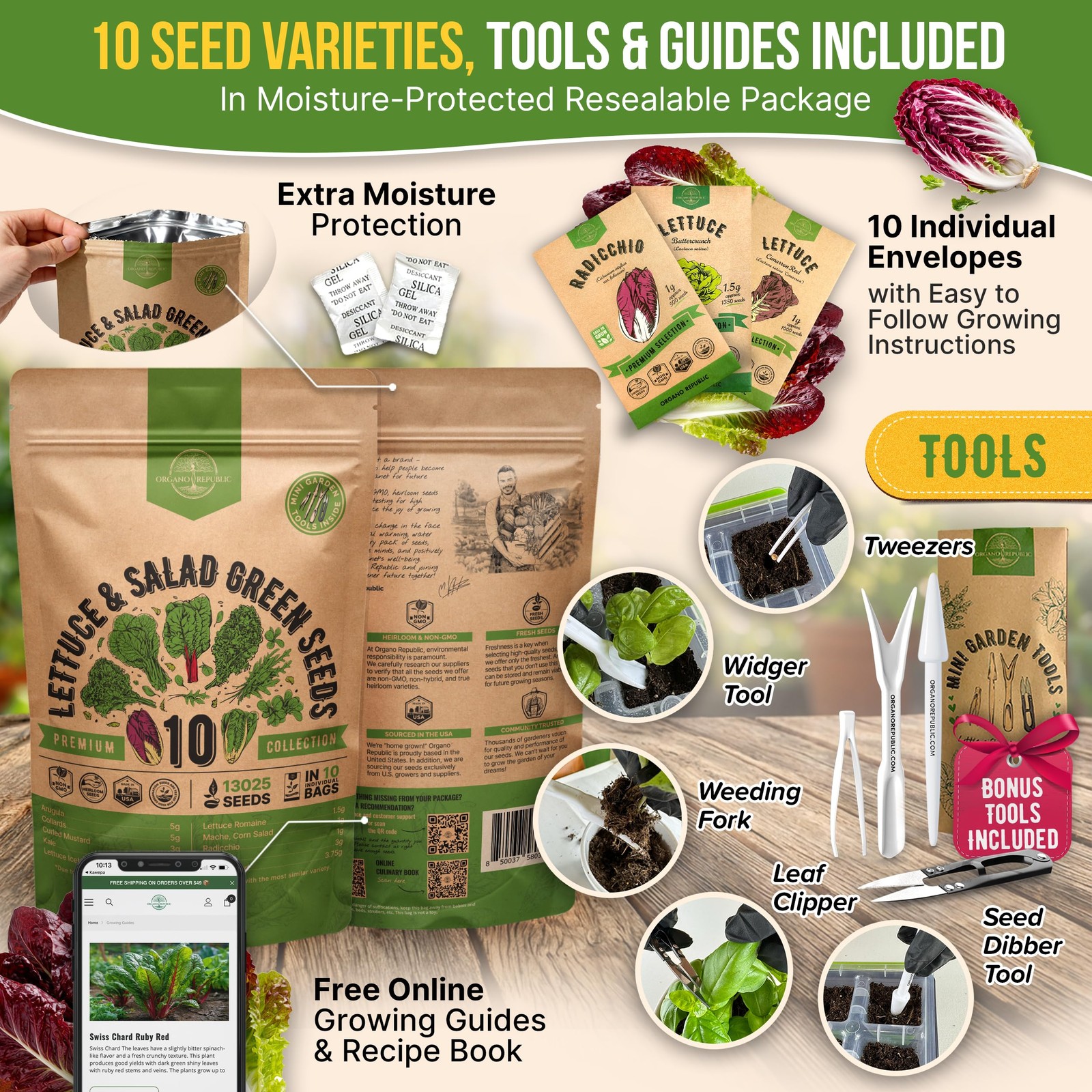 Organo Republic 10 Lettuce & Salad Greens Seeds Variety Pack 13000+ NonGMO He…