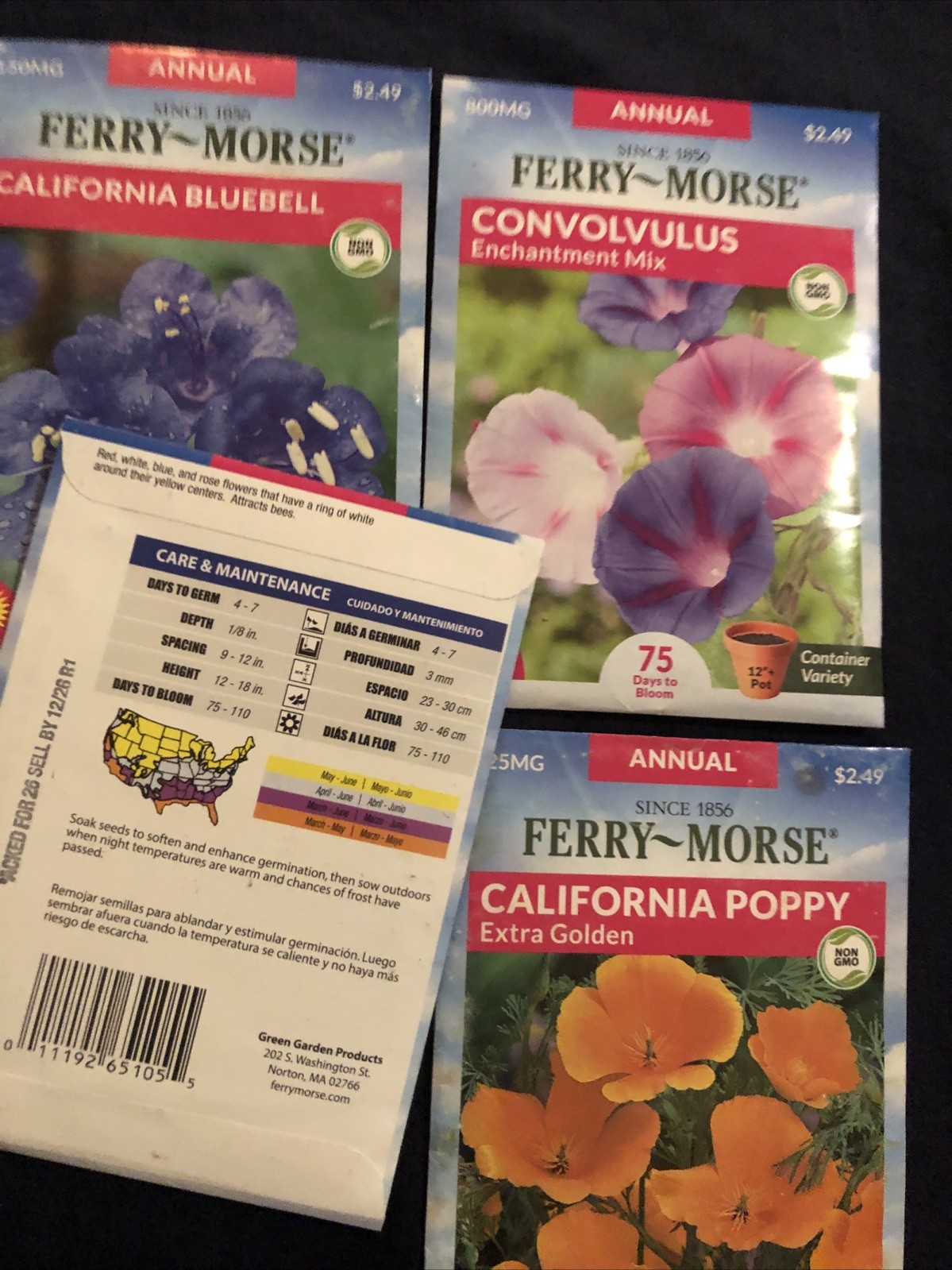 4 packs FERRY-MORSE ￼Flowers￼ Seeds – CA Bluebell, 2 Convolvulus, CA Poppy 2026