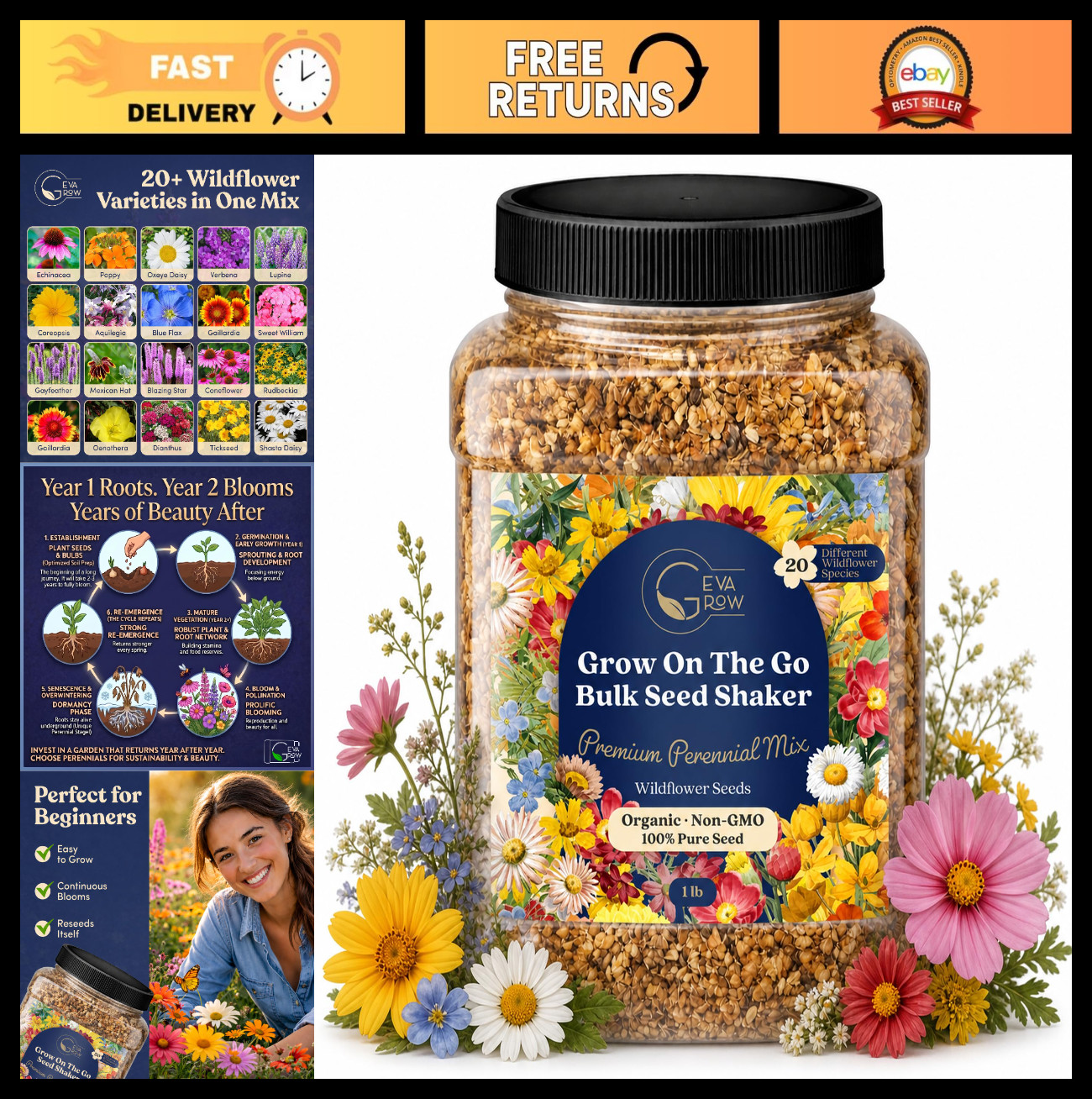 Bulk Wildflower Seed Shaker – 900,000+ Perennial Flower Seeds Mix, 1 lb Tub, Pla