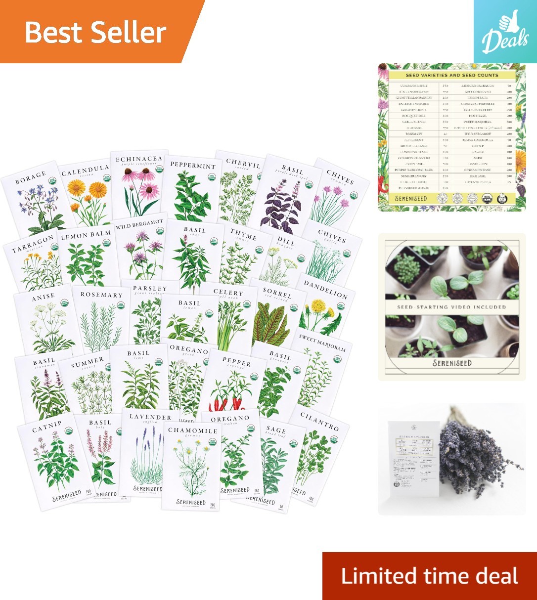 35-Piece Organic Herb Seed Assortment – Non-GMO, Heirloom & Seed Guide Included