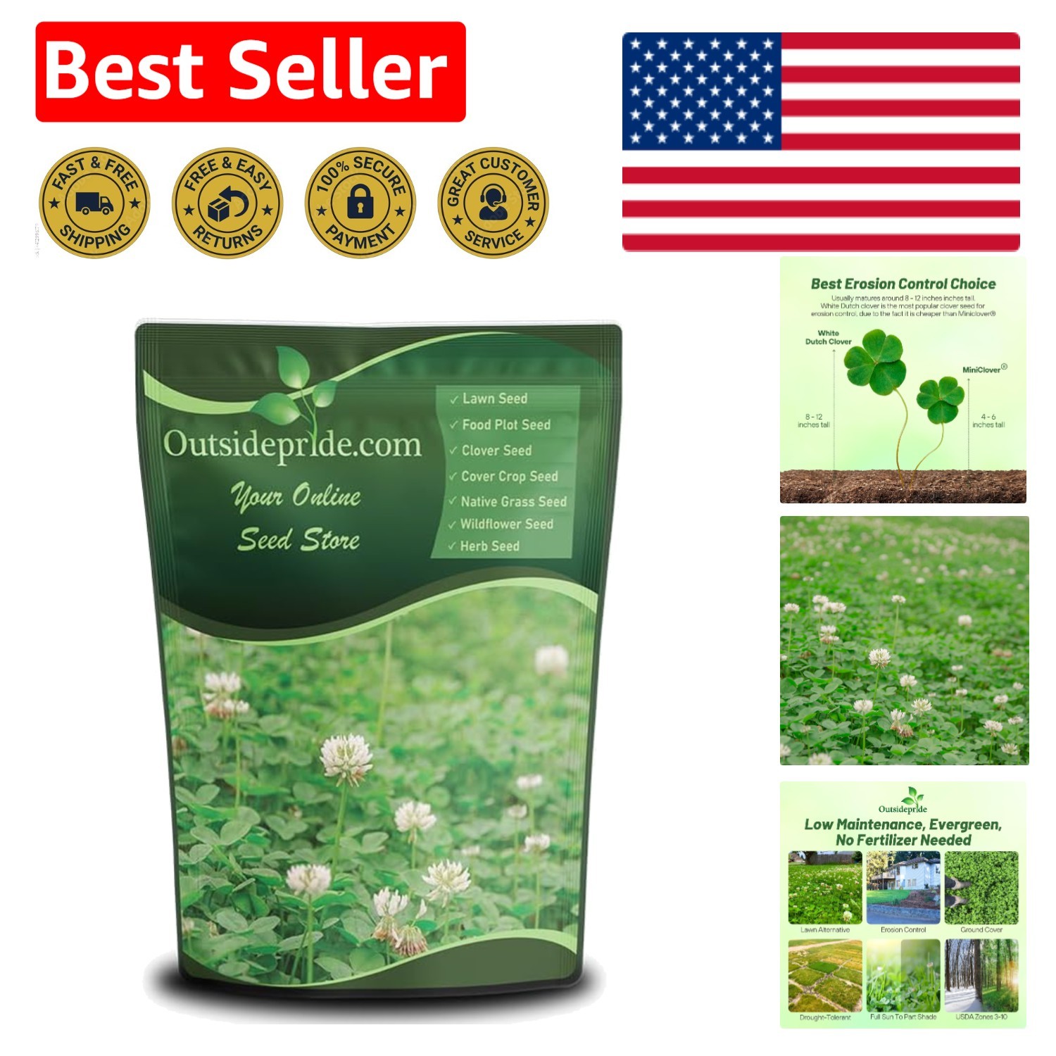 Erosion Control & Food Plot Clover Seed – 1/4 lb Nitrocoated White Dutch Clover