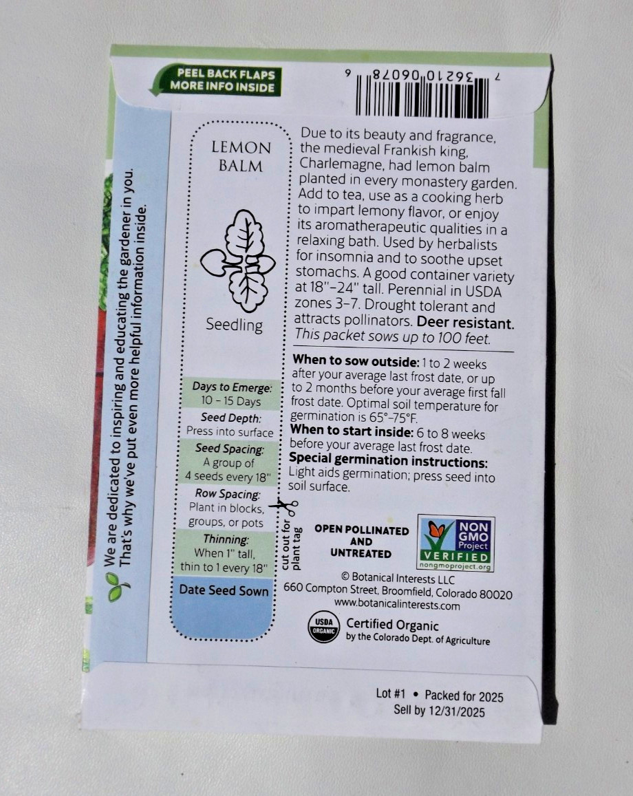 Lot#3 8 packs Botanical Interests seed, Herbs, Dill, Cilantro, Thyme, Lemon balm
