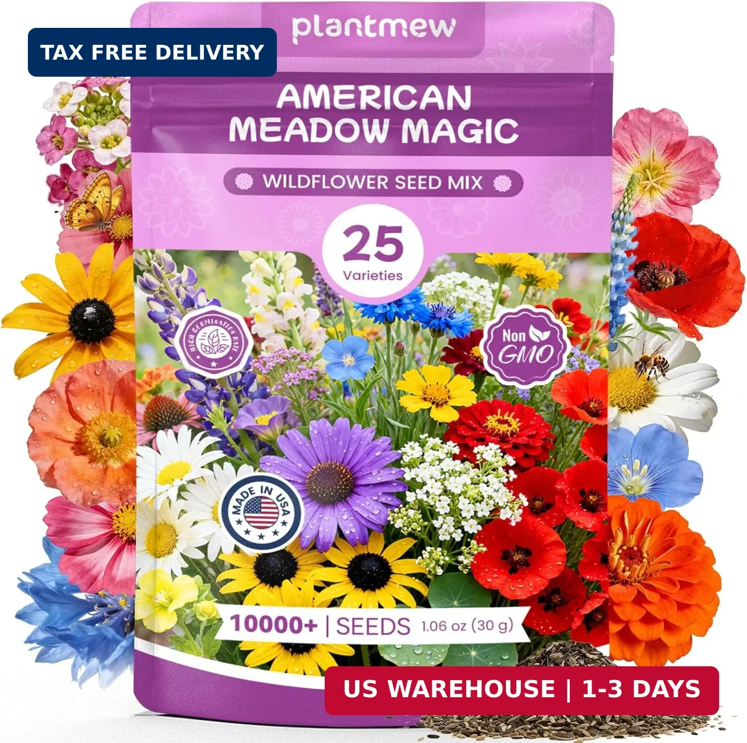 Wildflower Seeds Bulk Mix – 10,000+ Non-GMO Perennial & Annual Seeds – Texas, Ca