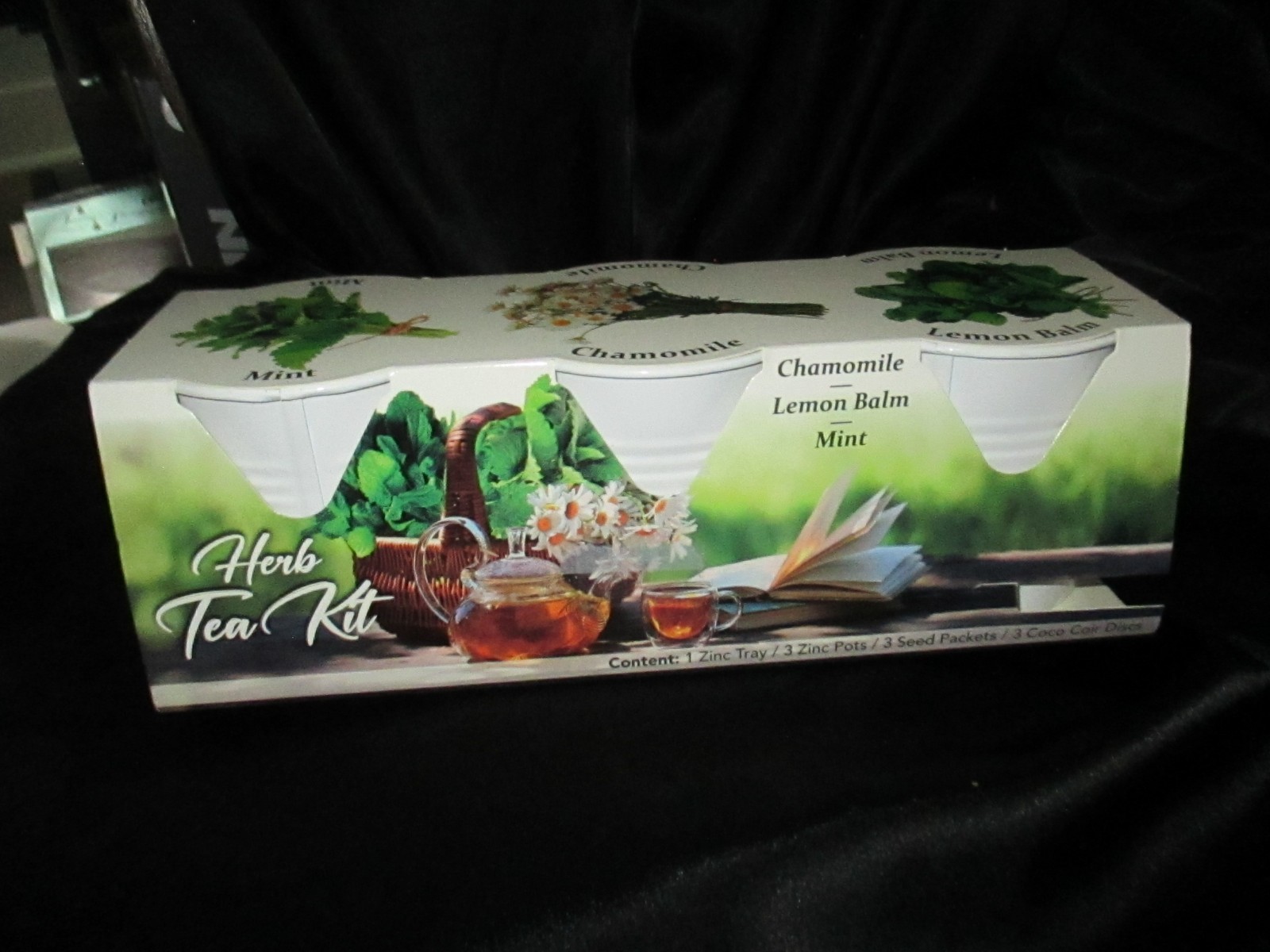 Herb Tea Kit Mint, Chamomile, Lemon Balm, Tray, Pots, Seed Packets Included NEW