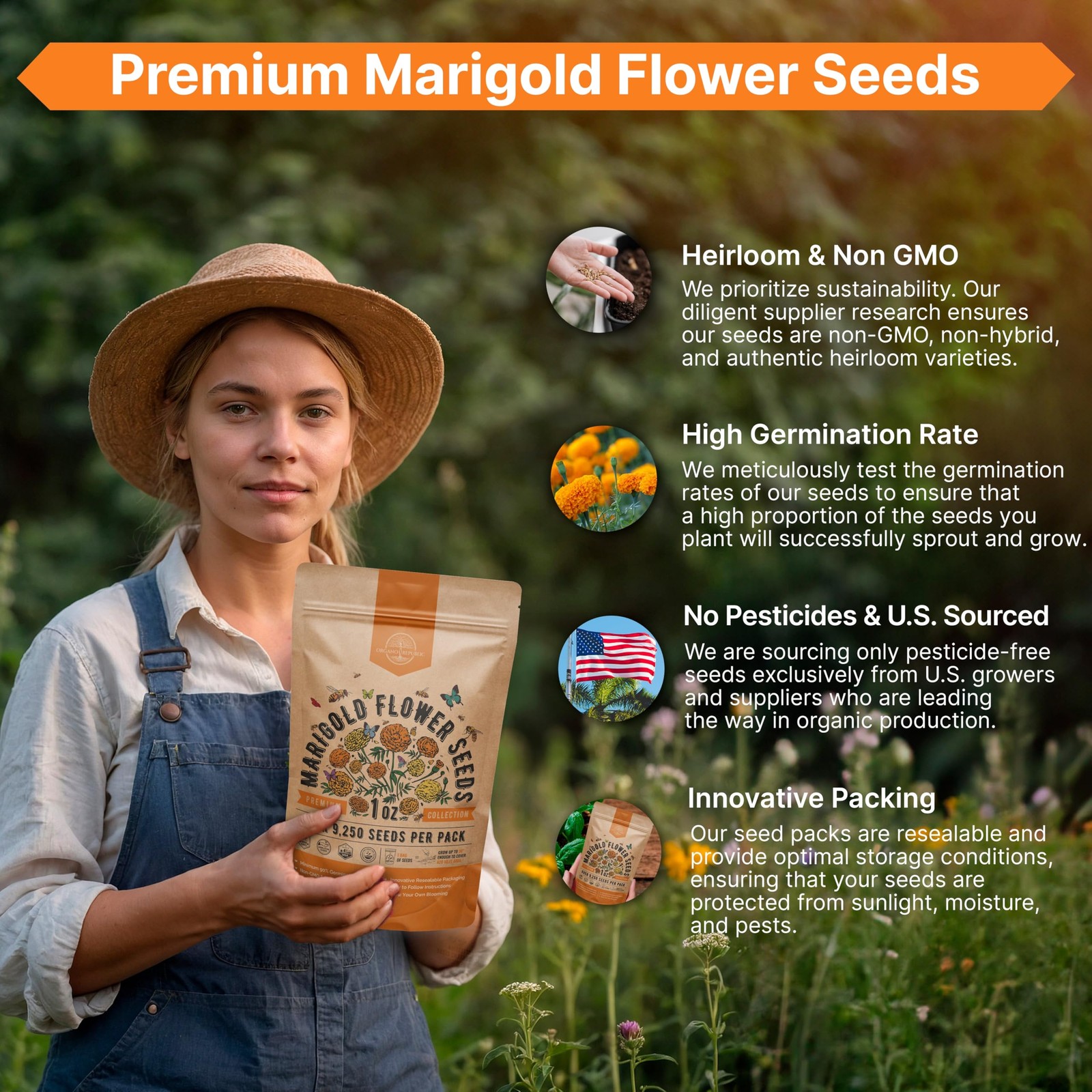 Marigold Seeds Pack 1 oz – Over 9,250 Non-GMO 1oz, Orange, Yellow, Red, Green