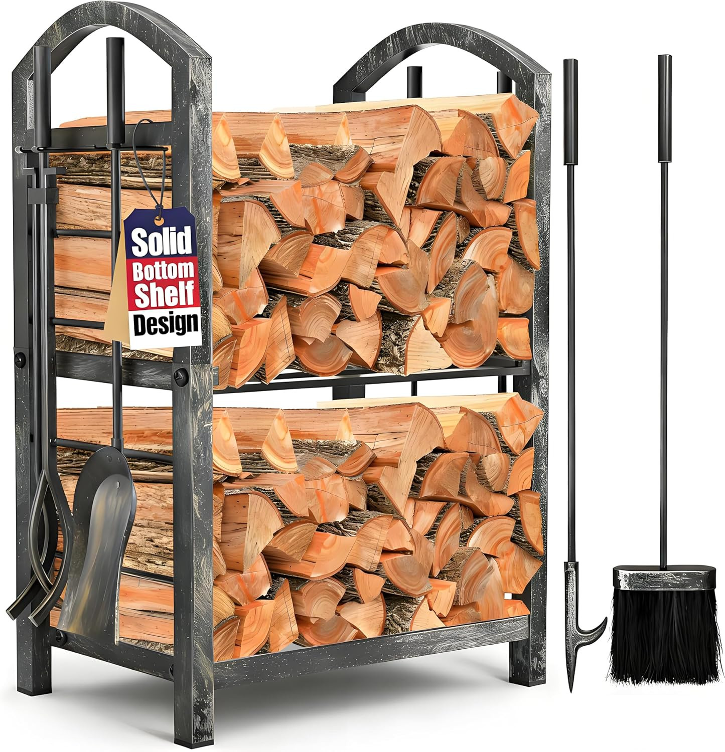 Antique Silver Firewood Rack with 5-Piece Tool Set for Fireplace & Fire Pit