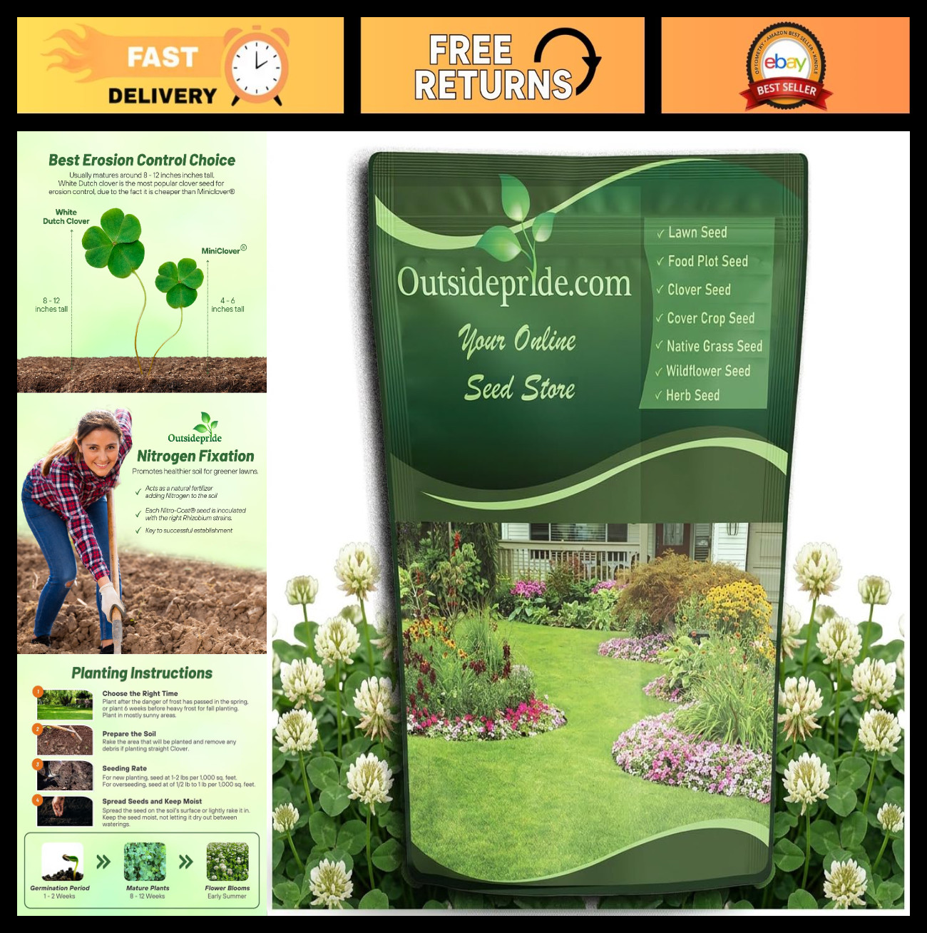Perennial White Dutch Clover Seed 5 lbs – Nitrocoated, Inoculated, Lawn Alternat