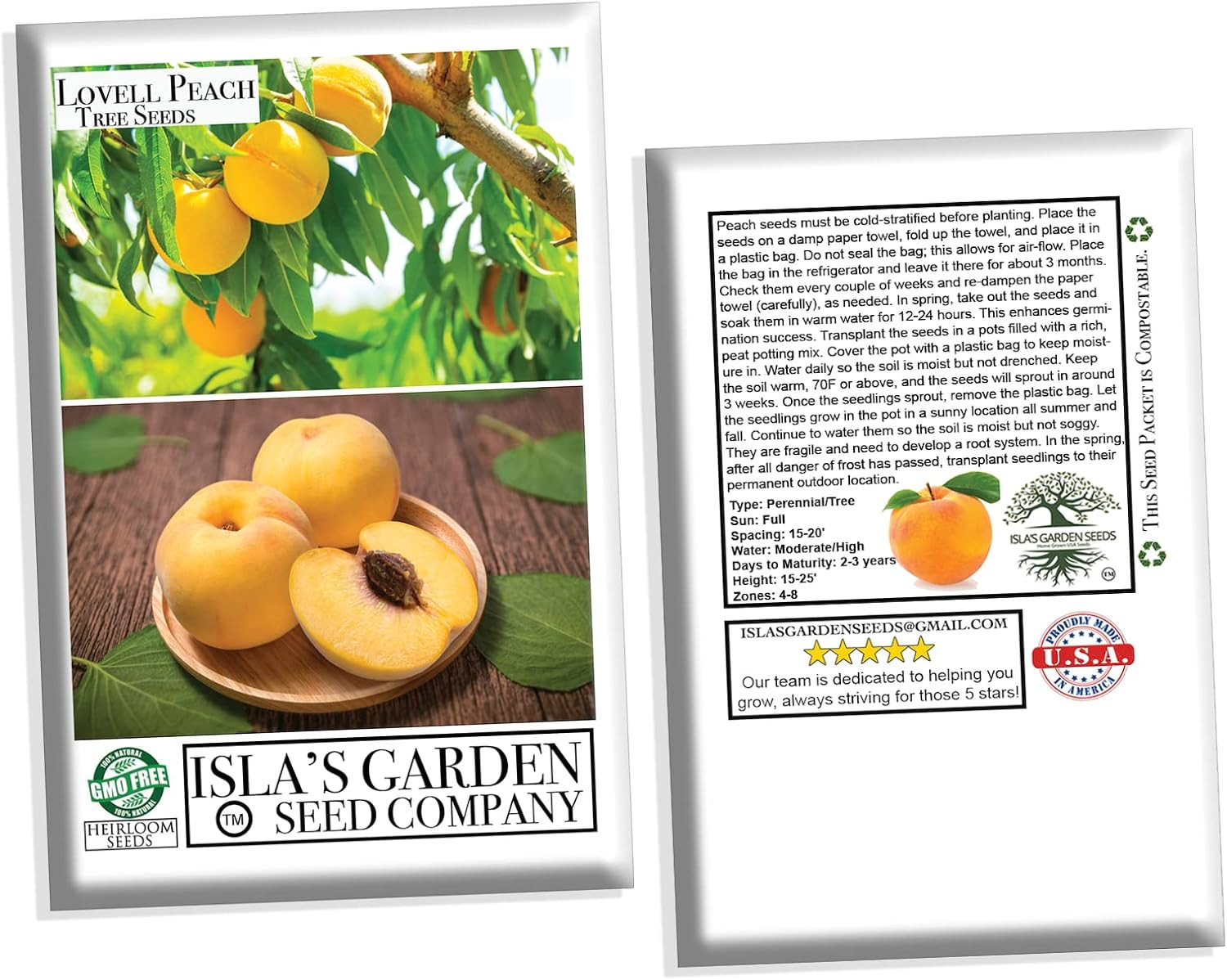 Lovell Peach Tree Seeds for Planting, (Prunus Persica), 2 Heirloom Seeds per Pac