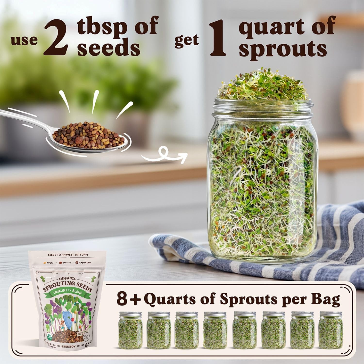 Organic NonGMO Sprouting Seeds Mix for Immune Health 8 oz Bag, 32 Servings