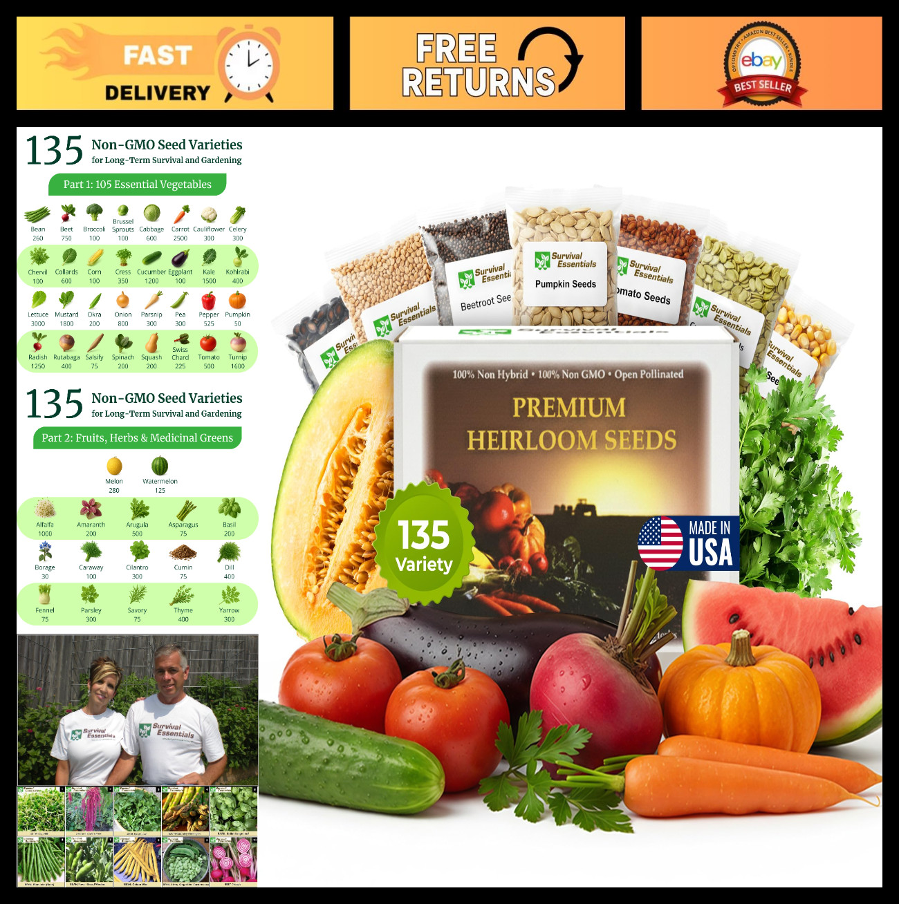135 Variety Heirloom Seed Vault – Non-GMO Vegetable & Fruit Seeds, Medicinal Her