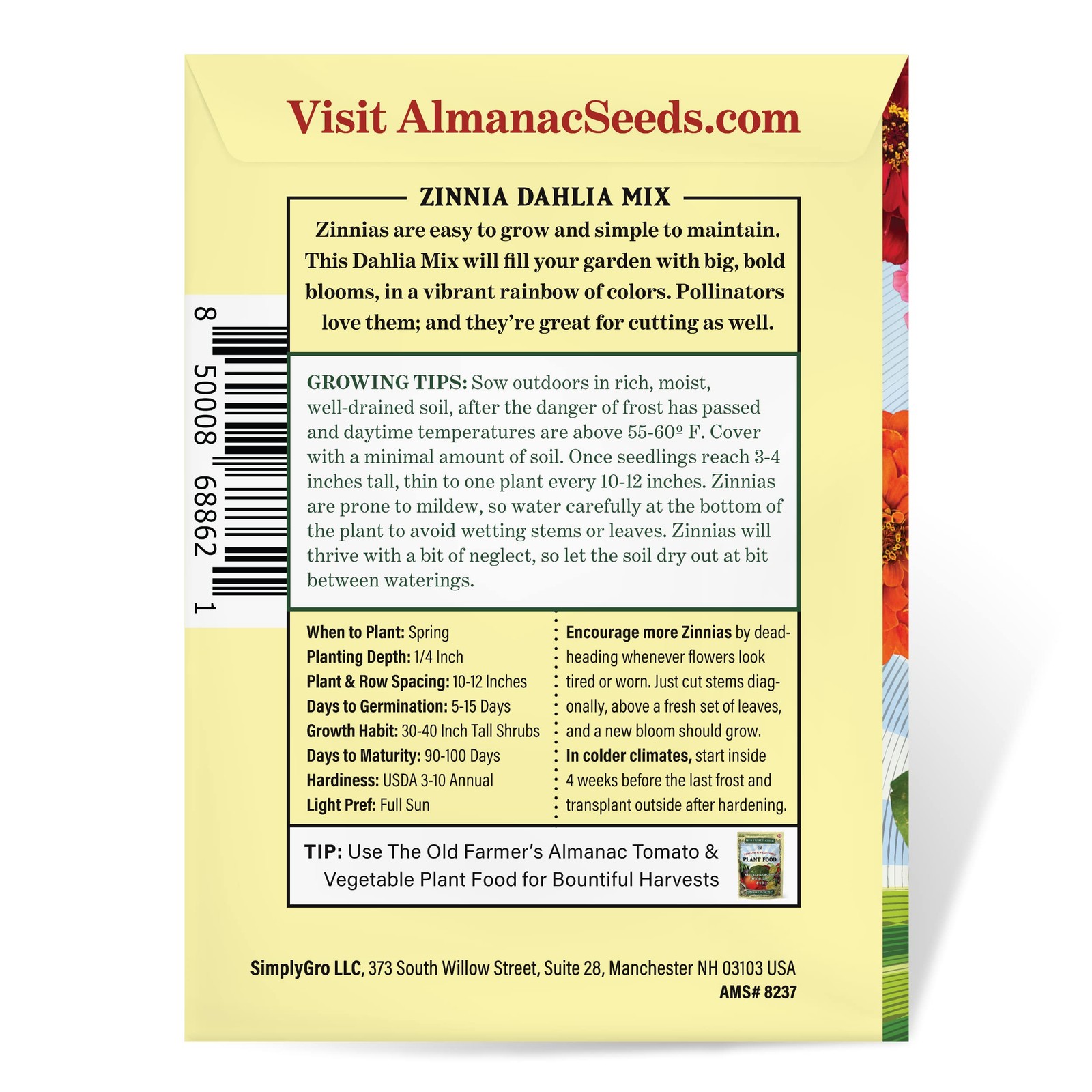 The Old Farmer’s Almanac Zinnia Seeds Green,Orange,Pink,Purple,Rose Red