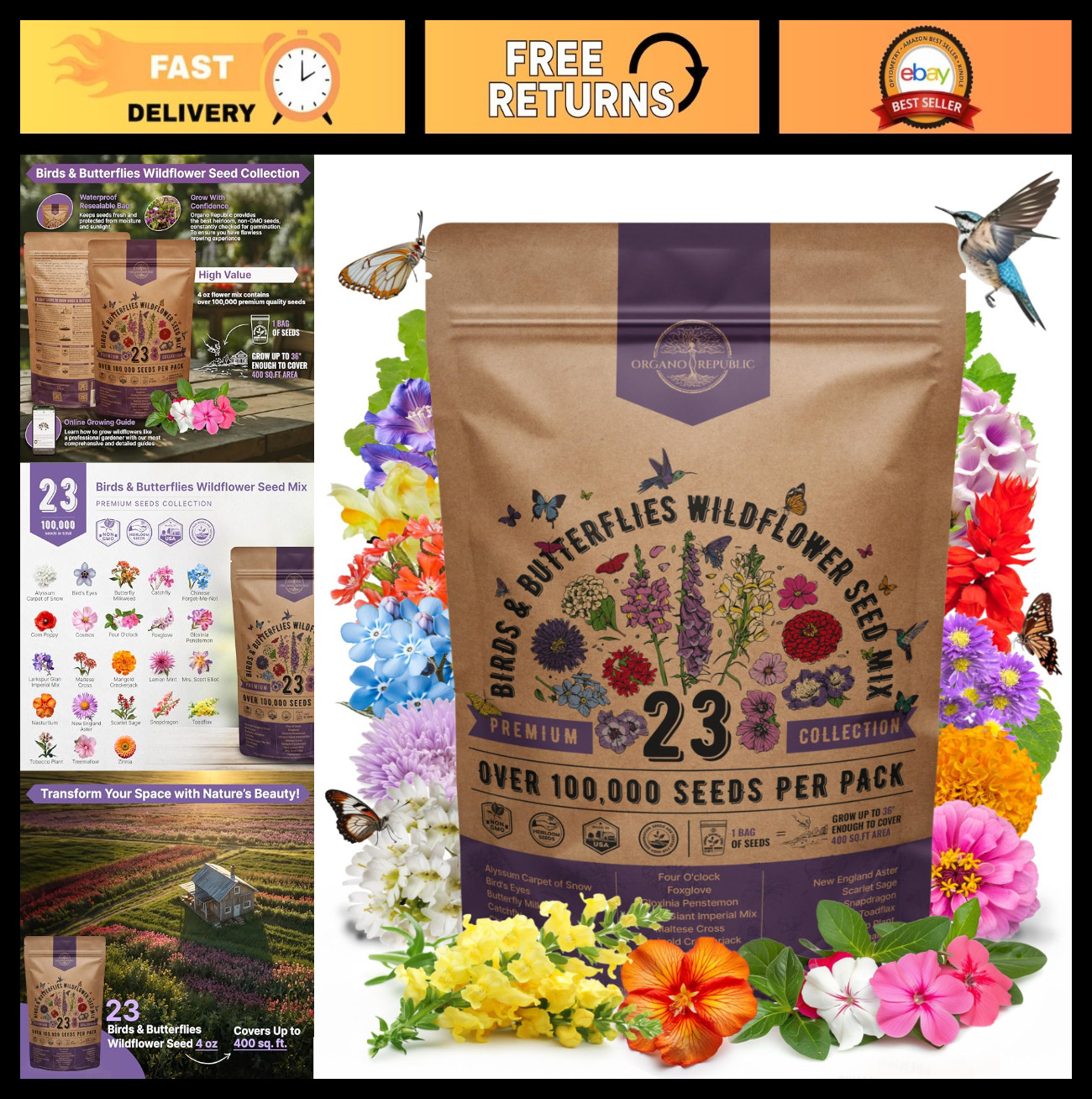 Wildflower Seeds Mix for Indoor & Outdoor Garden – 100,000+ Non-GMO Heirloom, At