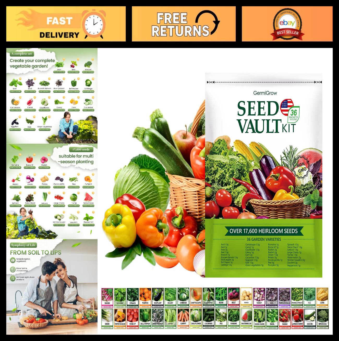 36 Vegetable Variety Pack – 17,600+ Non-GMO Heirloom Seeds for Indoor & Outdoor