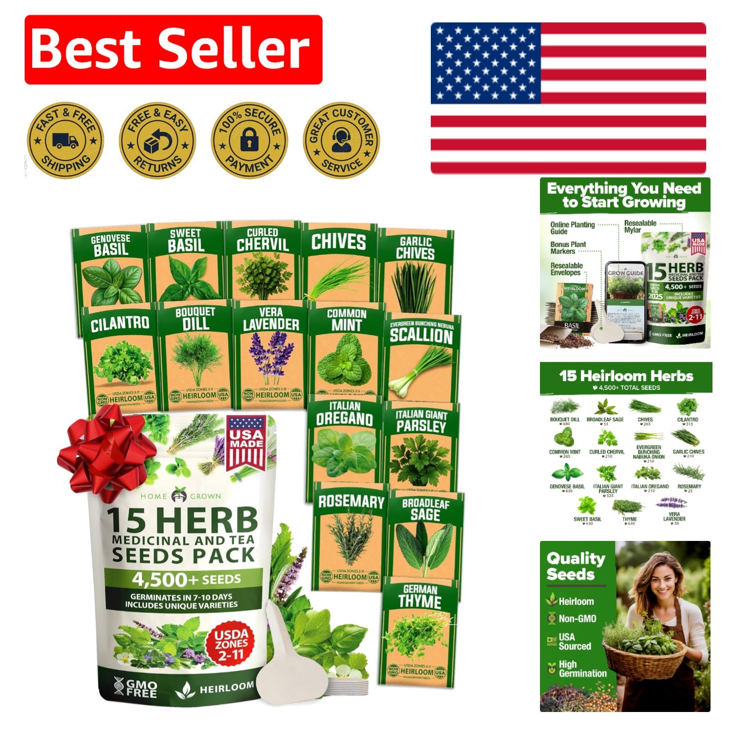 Extra Large 15 Herb Seeds Kit – -Round Variety for Indoor and Outdoor Use