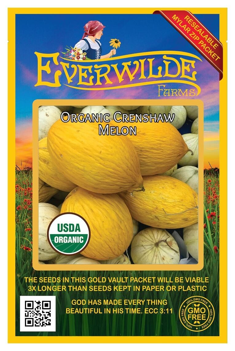 25 Organic Crenshaw Melon Seeds – Everwilde Farms Mylar Seed Packet