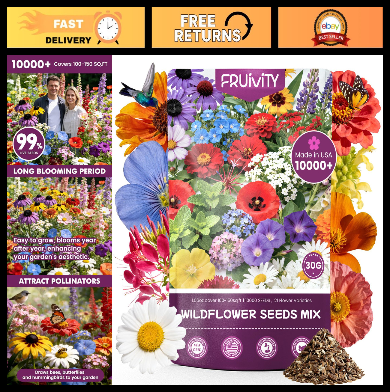 Bulk Wildflower Seeds 10000+ Non-GMO Butterfly Hummingbird Mix, 21 Varieties, Hi