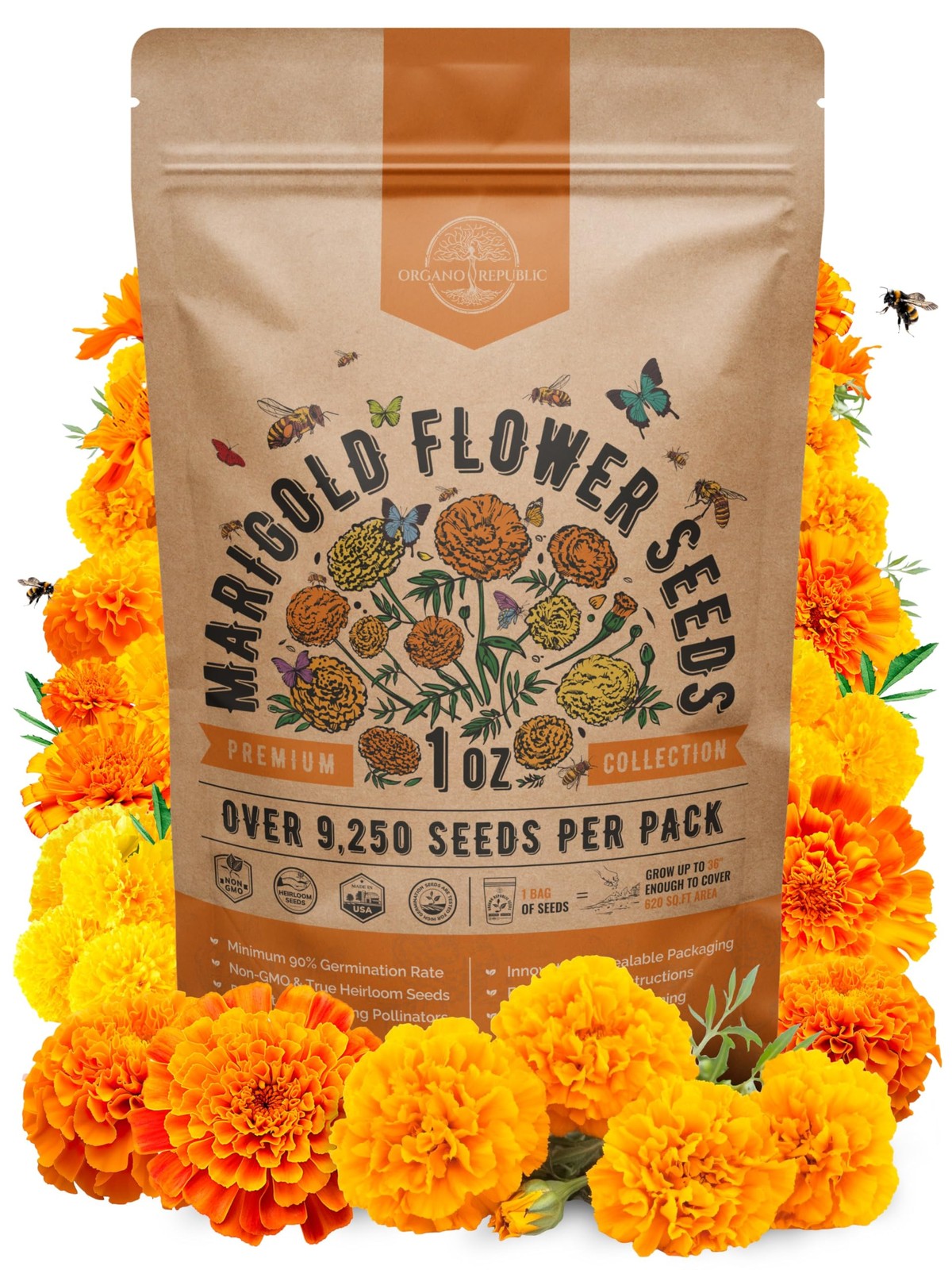 Marigold Seeds Pack 1 oz – Over 9,250 Non-GMO 1oz, Orange, Yellow, Red, Green