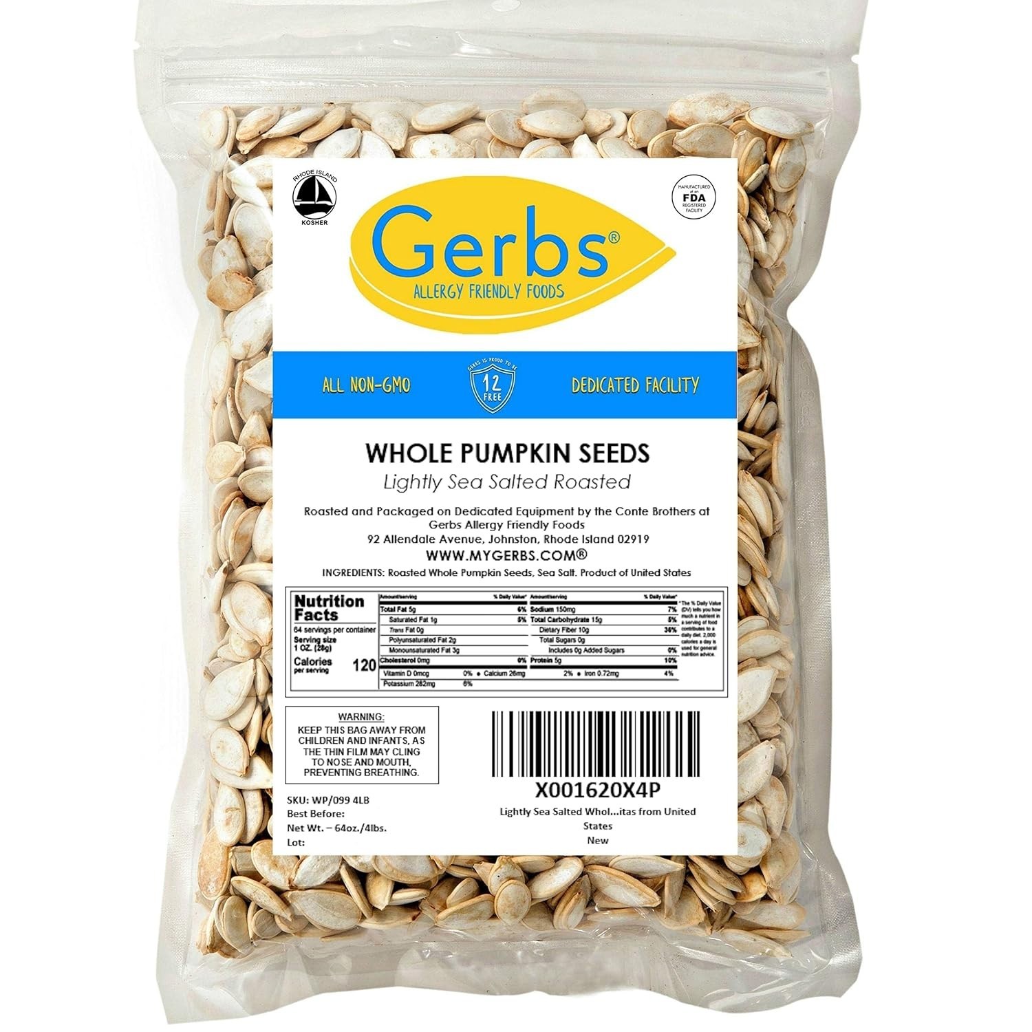 4LB Whole Pumpkin Seeds – Roasted, , Kosher, Allergen Free, Non-GMO Snack