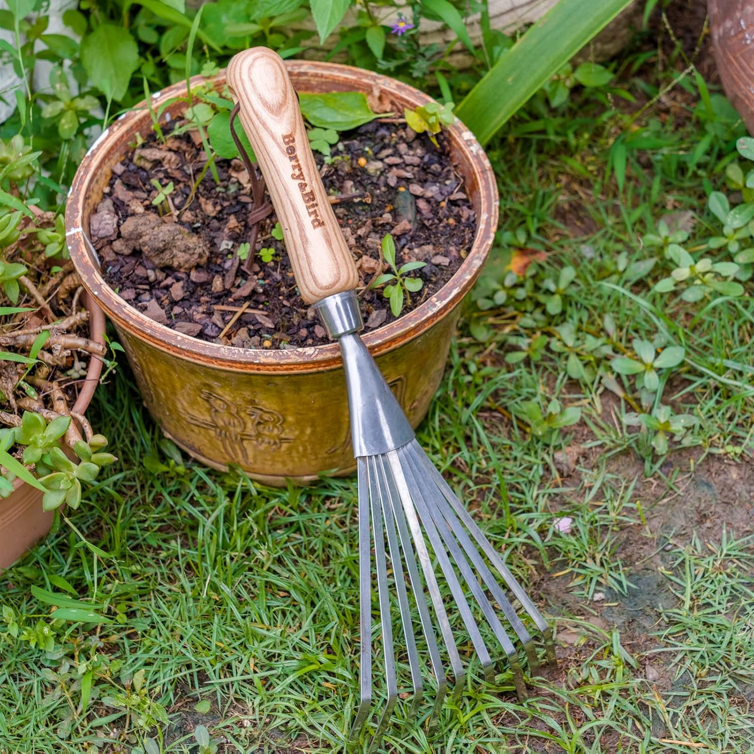 Gardening Hand Shrub Rake, 14.7″ Stainless Steel Grass Rake, 9 Tines Fan Lawn Le