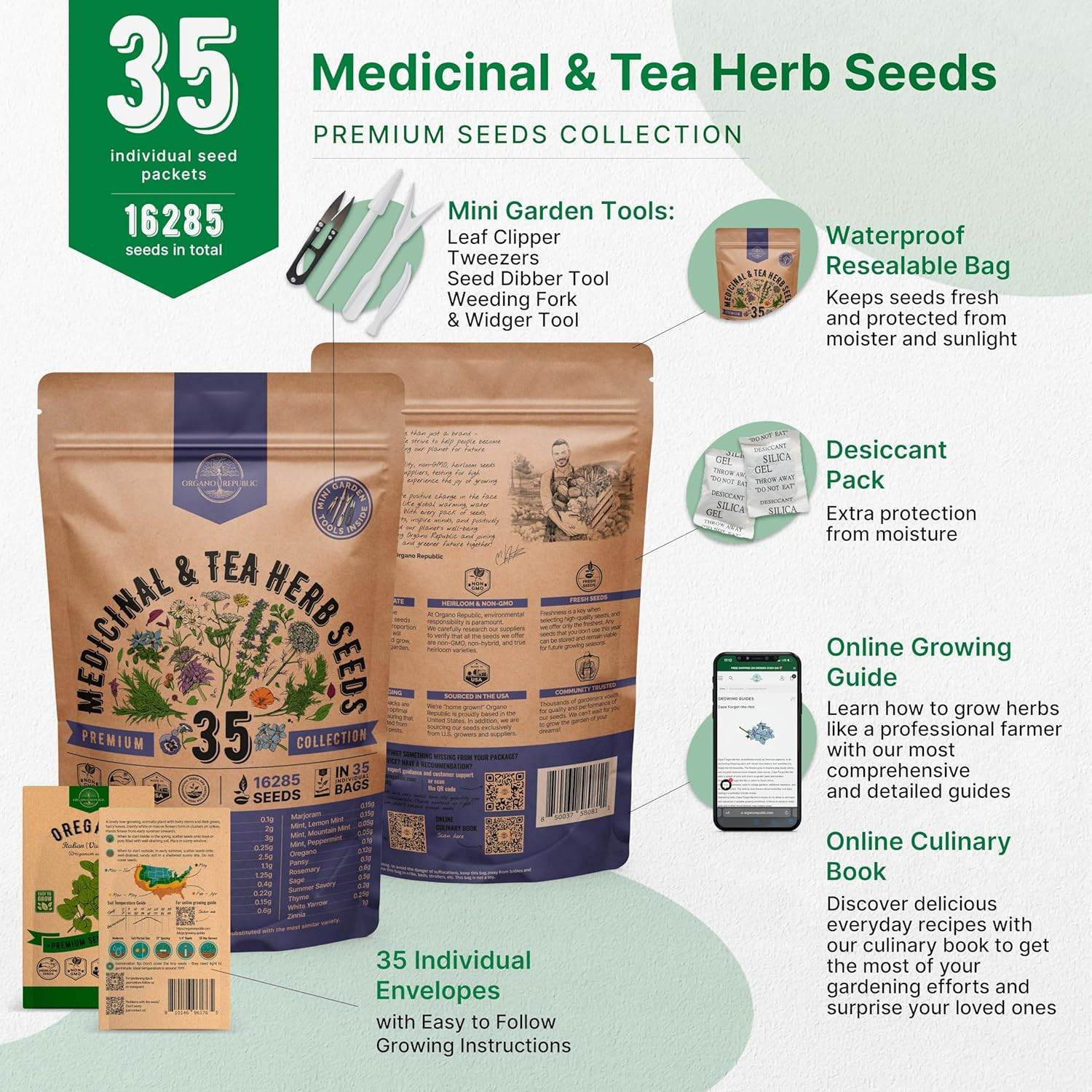 35 Medicinal & Tea Herb Seed Pack, 16,335+ Non-GMO Heirloom Seeds for Indoor/Out