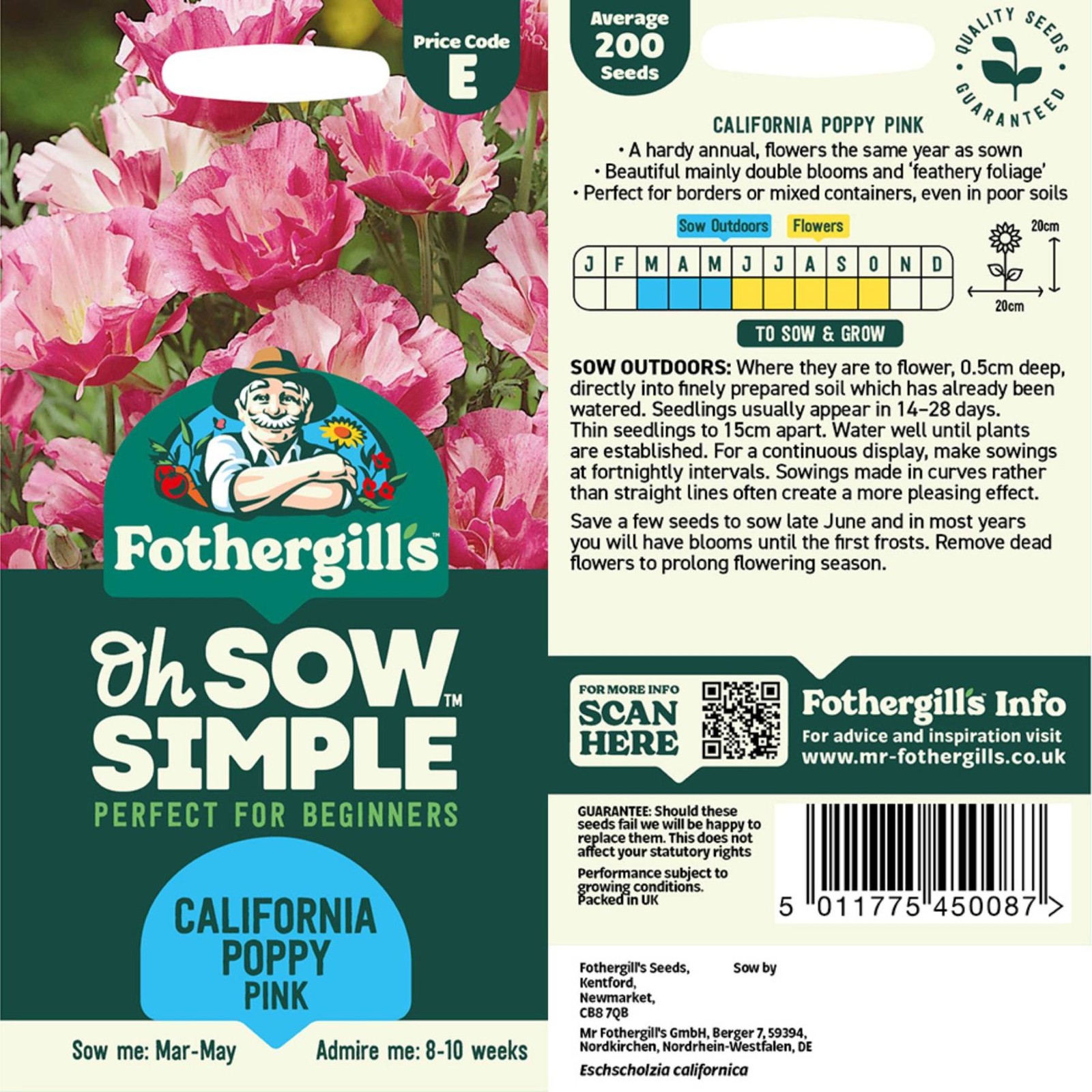 Mr. Fothergill’s California Poppy Pink Seed Oh Sow Simple, Easy to Grow