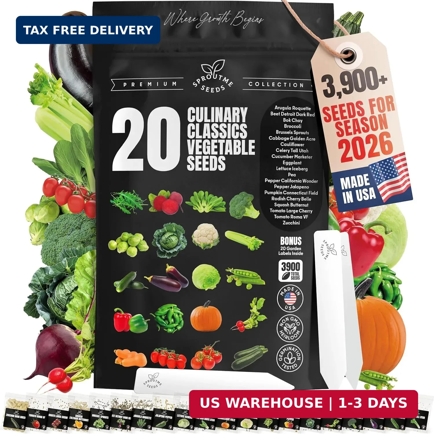 Vegetable Seeds Variety Pack – Tomato, Cucumber, Zucchini, Lettuce, Broccoli & C