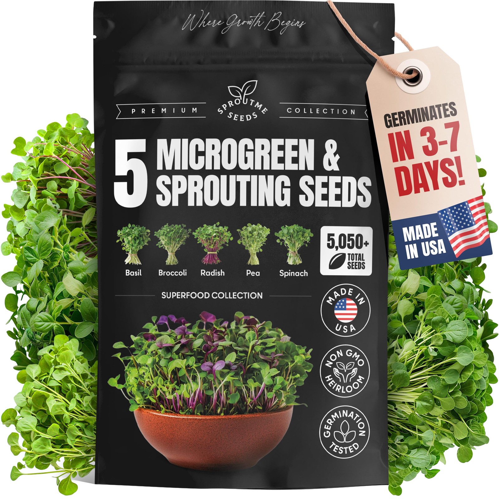 Microgreens Seeds Variety Pack – 5 NonGMO Heirloom Types for Indoor Hydroponics
