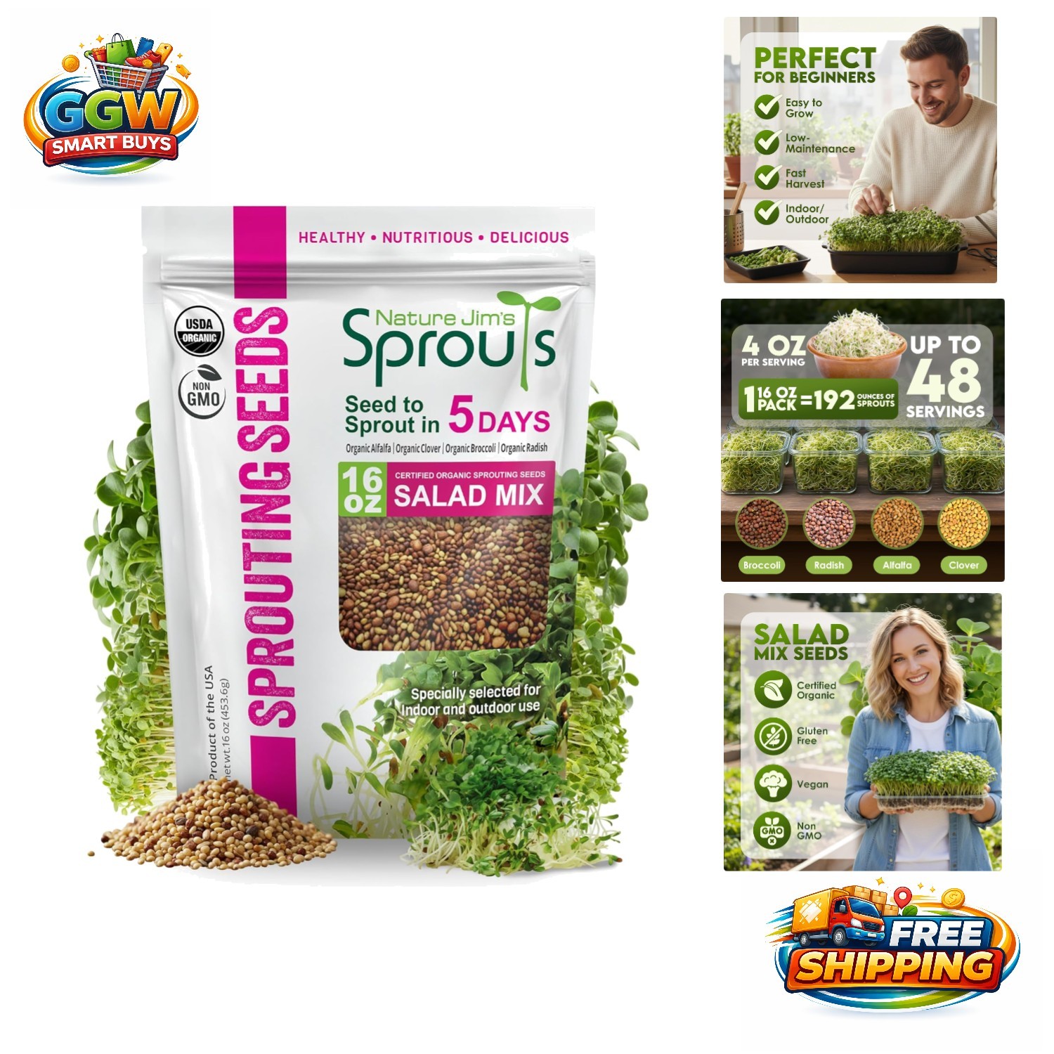 Home Sprouting Made Easy: Nature Jim’s 1lb Organic Salad Seed Mix – 4 Varieties
