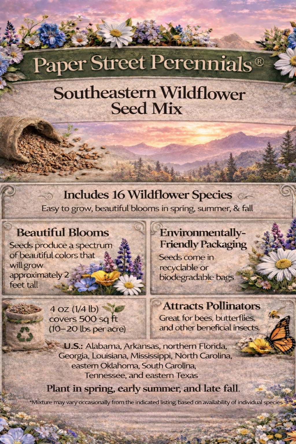 1/4LB Georgia Bulk Wildflower Seed Mix 1lb Covers 2,000sq-ft Colorful Blooms