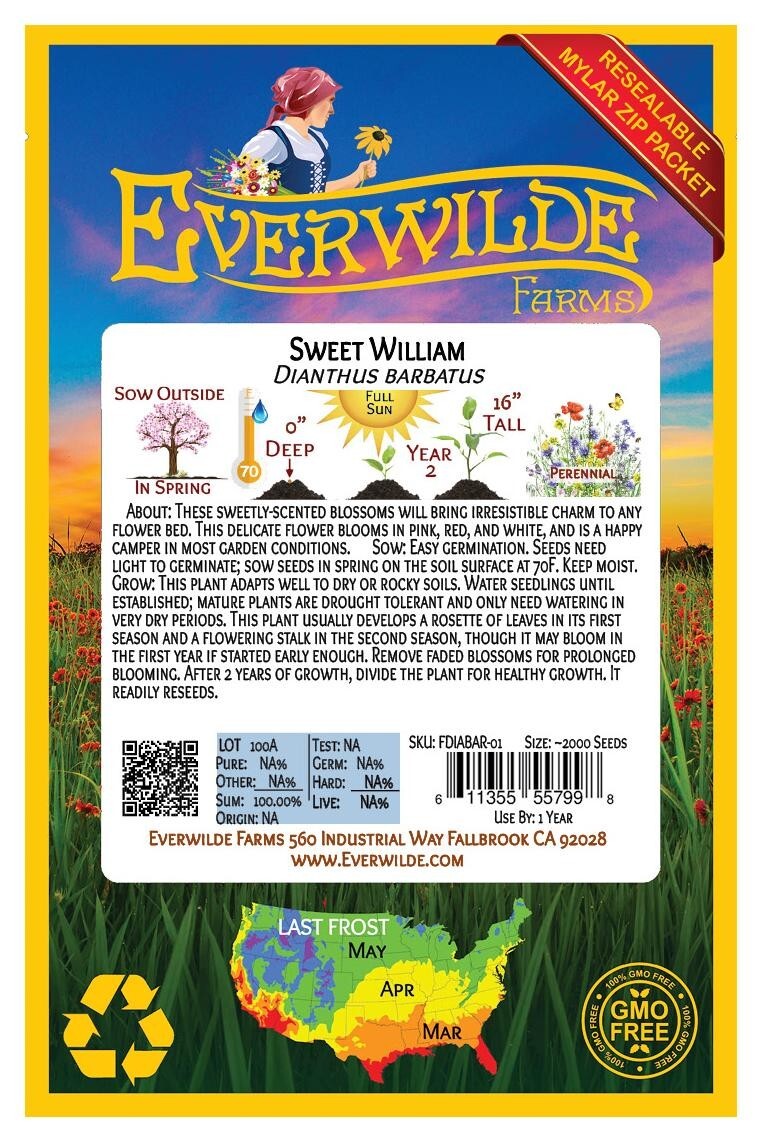 2000 Sweet William Wildflower Seeds – Everwilde Farms Mylar Seed Packet