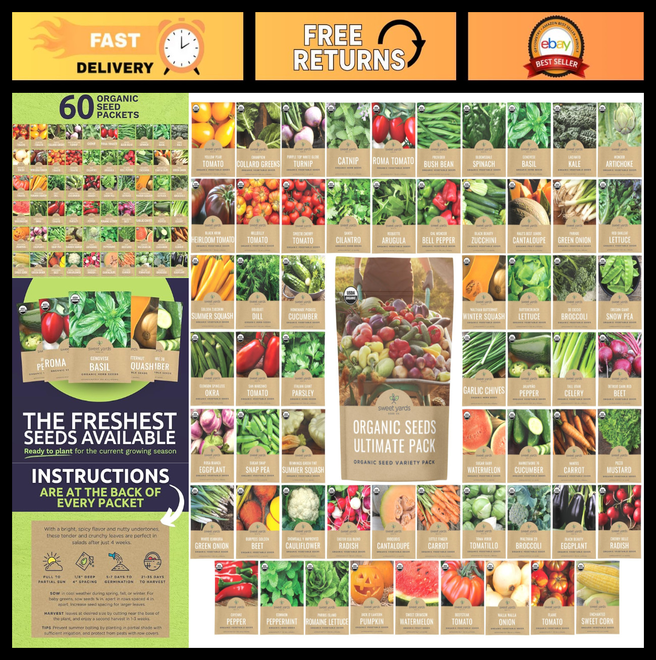 Ultimate Organic Seeds Variety Pack – 60 Non-GMO Packs for Indoor & Outdoor Gard