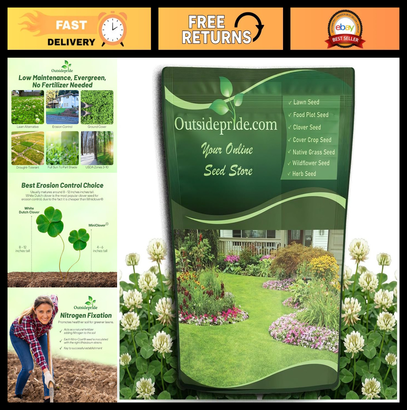 Perennial White Dutch Clover Seeds – 5 lbs, Nitrocoated, Inoculated for Lawn, Er