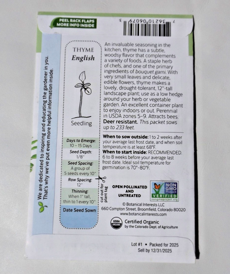 Lot#3 8 packs Botanical Interests seed, Herbs, Dill, Cilantro, Thyme, Lemon balm