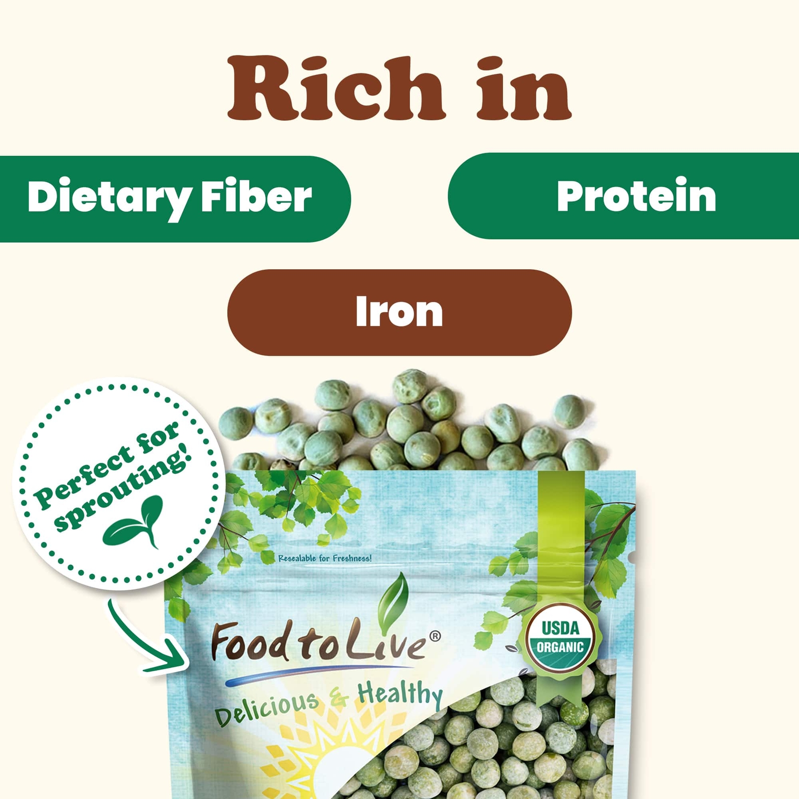 Organic Whole Dried Green Peas – Non-GMO, Sproutable, Kosher – by Food To Live
