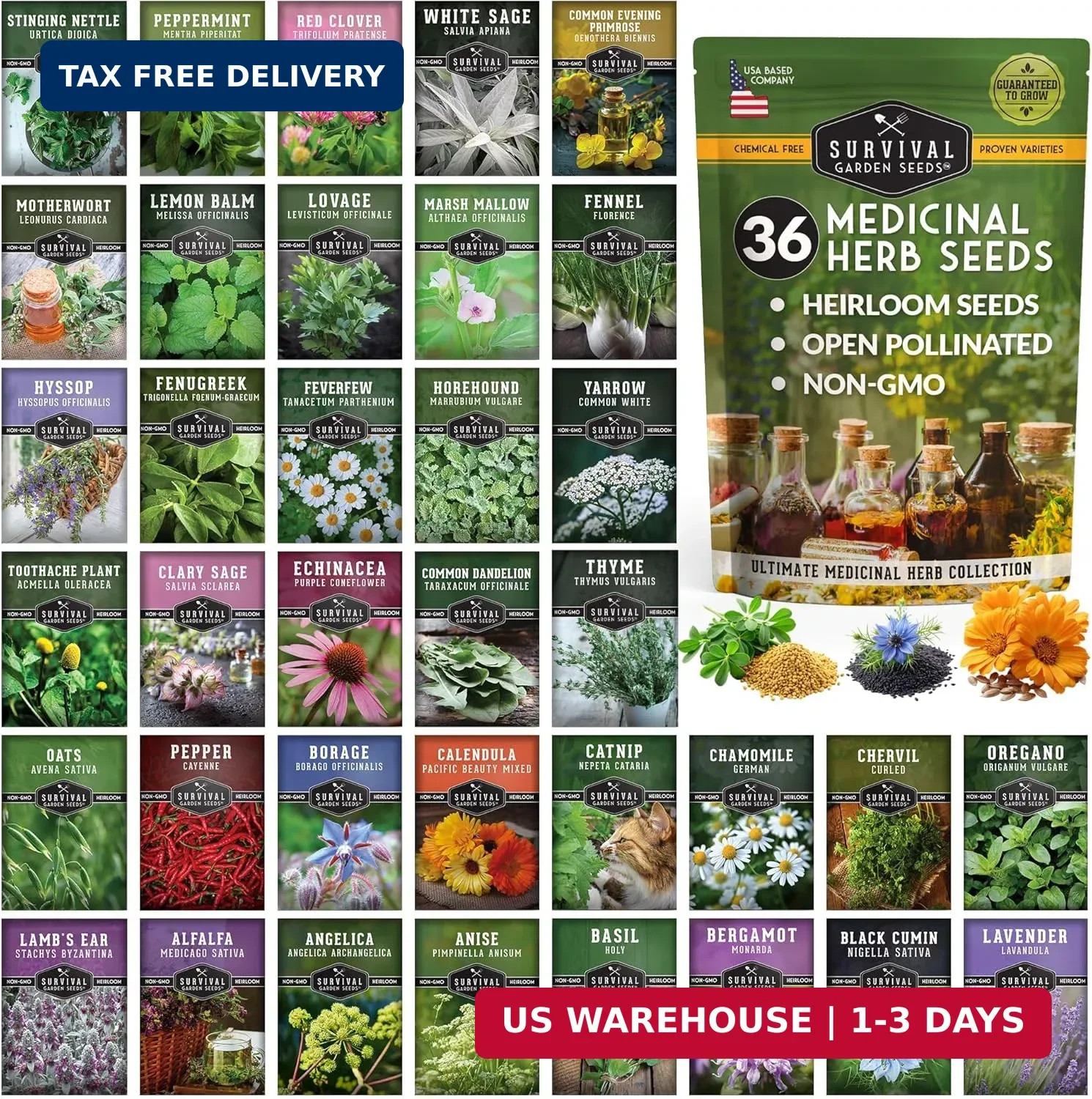 Ultimate Medicinal Herb Seeds Variety Pack – 36 Heirloom Non-GMO Healing Herbs f