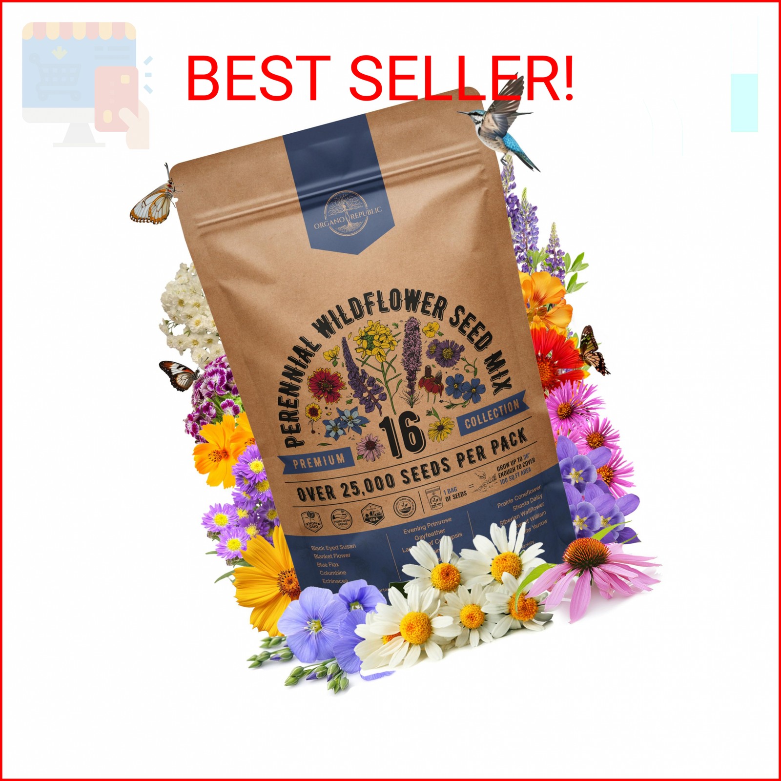Organo Republic 16 Perennial Wildflower Seeds Mix for Indoor & Outdoors 25,000+