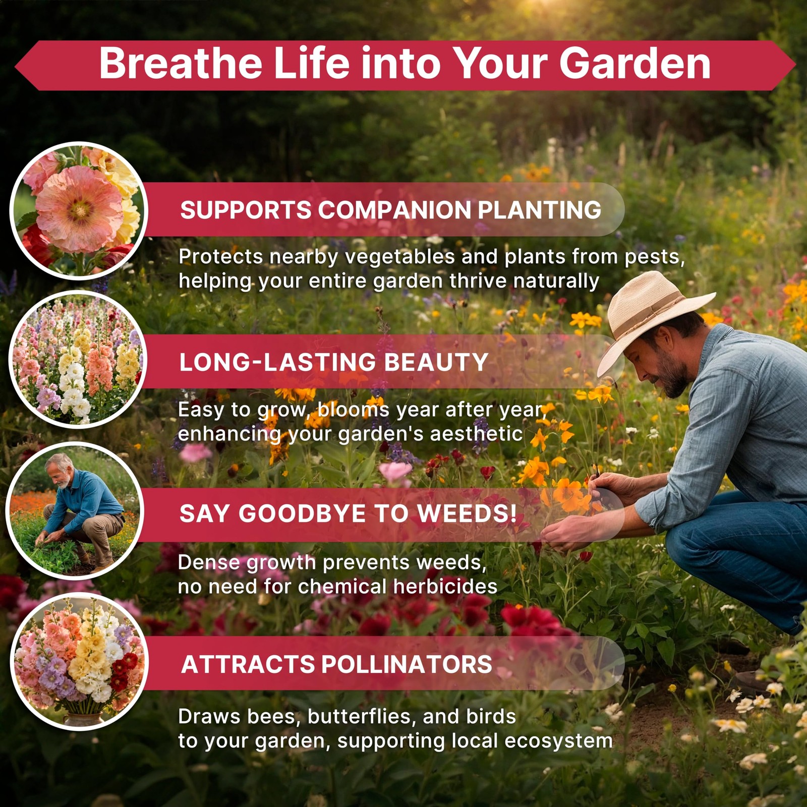 Hollyhock Flower Seeds Pack 1 oz – Over 3,000 1oz, Pink, Orange, Red, Green