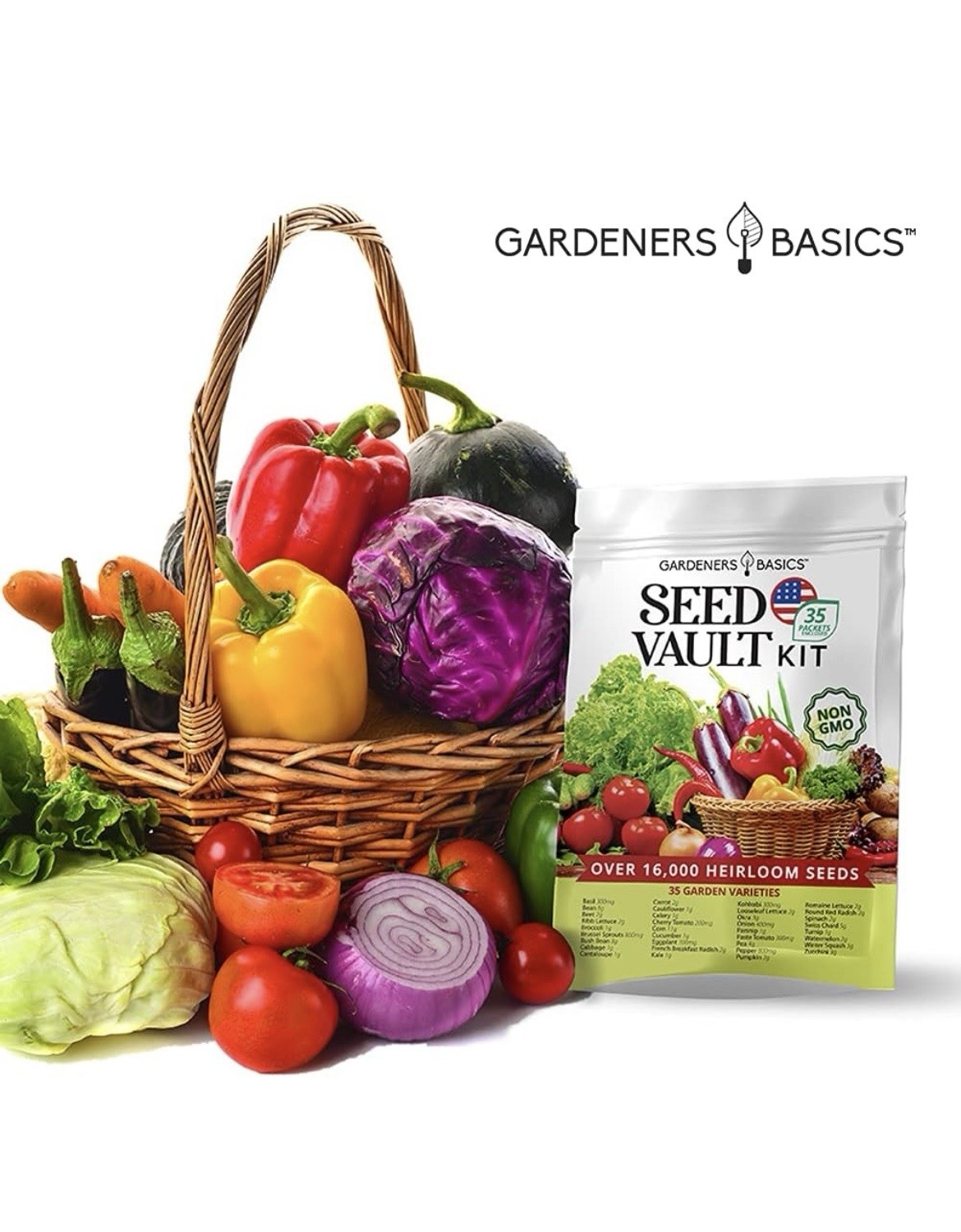Gardeners Basics Survival Vegetable Seeds Garden Kit Over 16,000 Seeds Non-GMO a