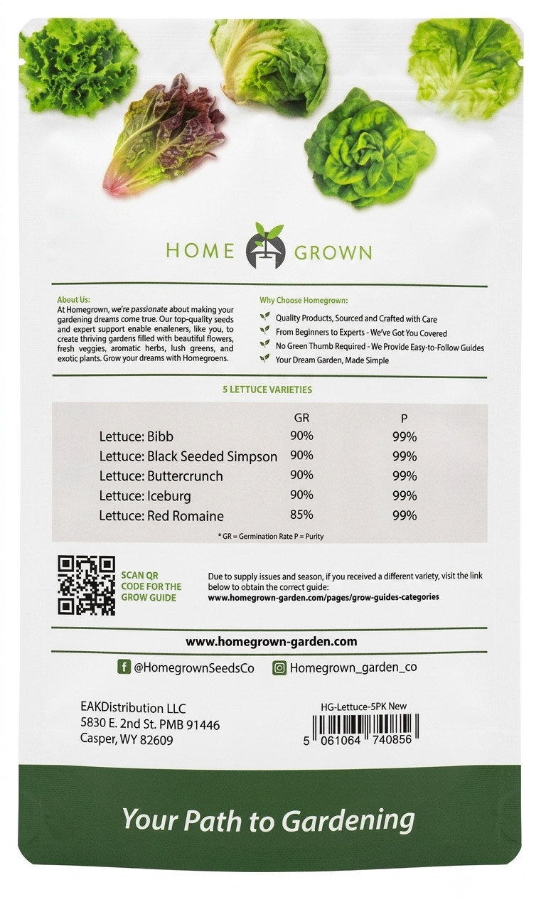 HOME GROWN 5 Lettuce Heirloom Seed Pack 3950+ Non-GMO Garden Seeds USA