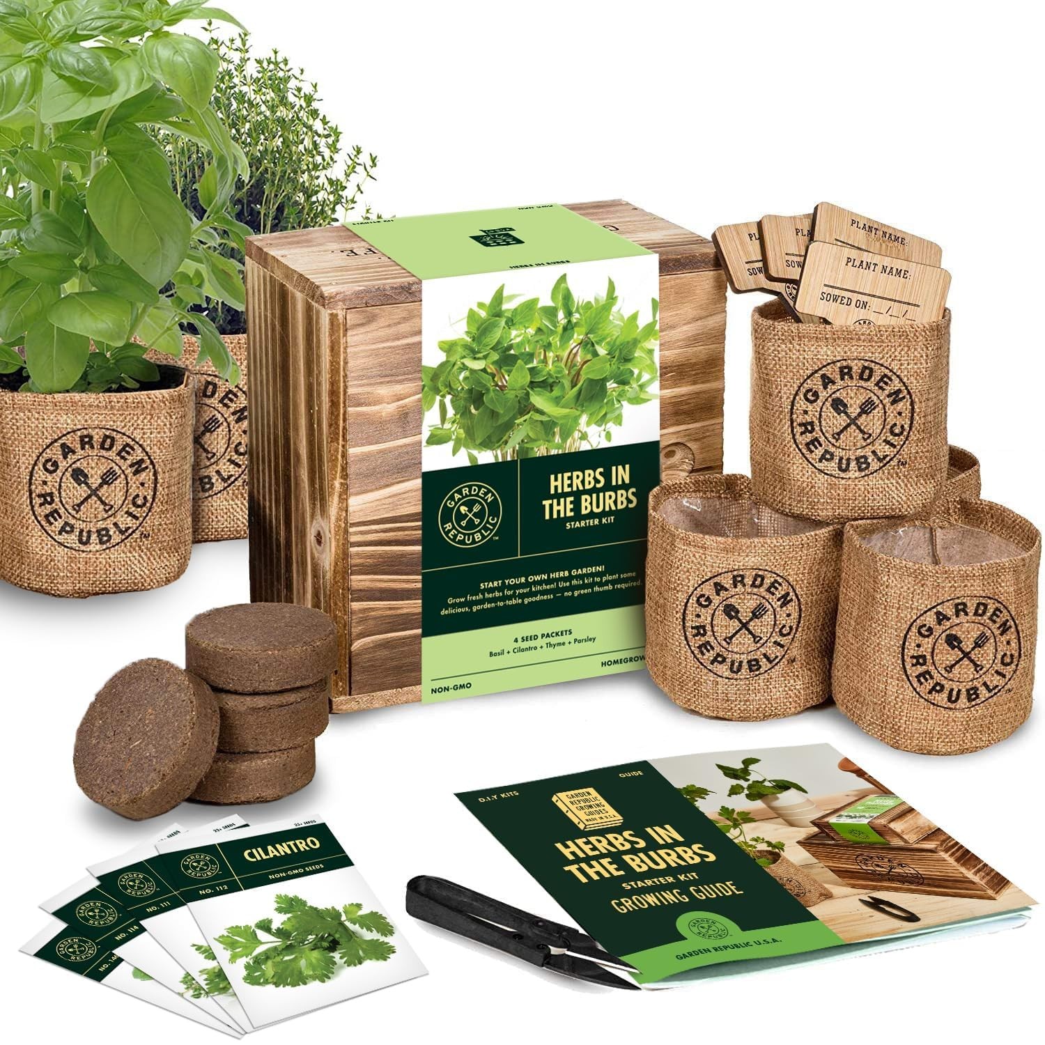 Indoor Herb Garden Kit NonGMO Seeds, Pots, Soil, and Scissors for Home Use