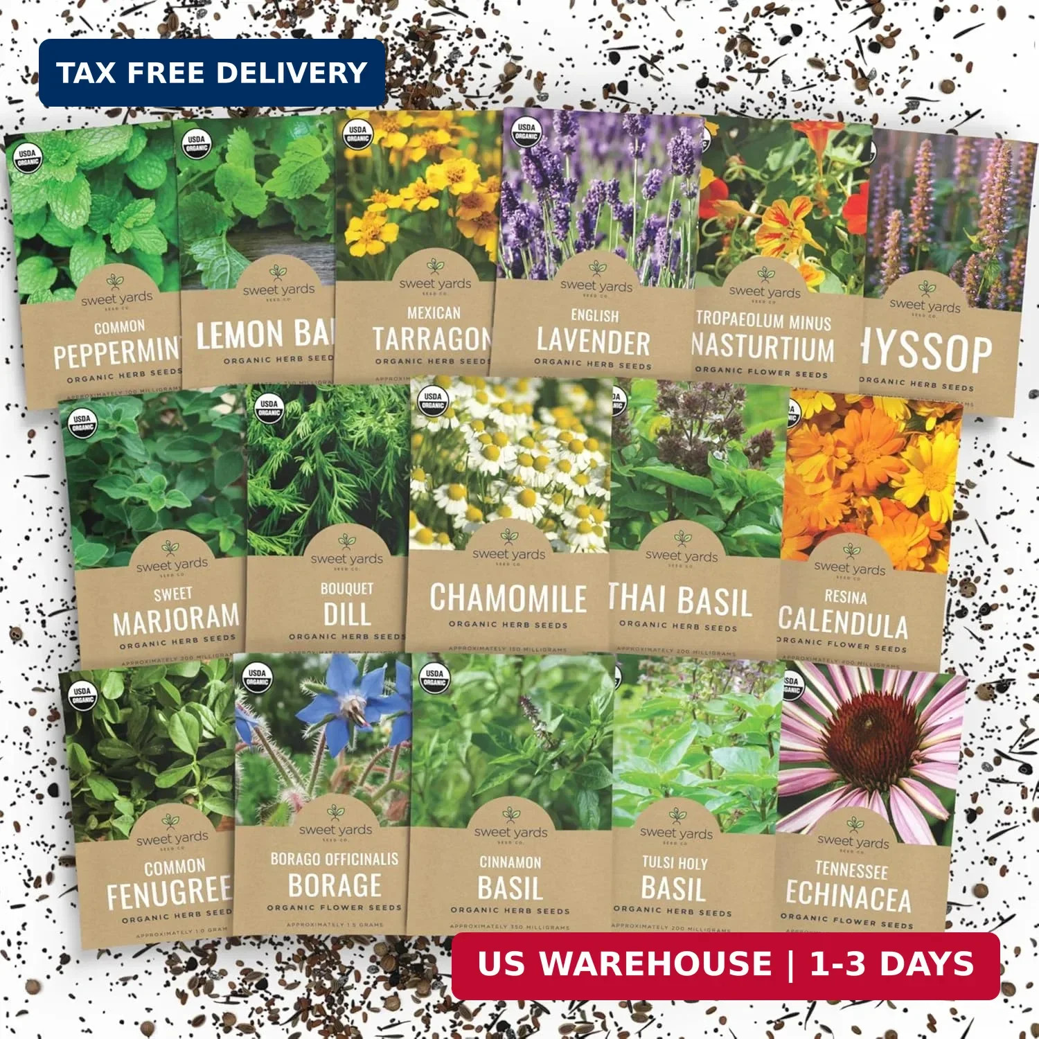 Organic Herbal Tea Seeds Variety Pack – 16 Individual Packs – 2026 Season – Mint