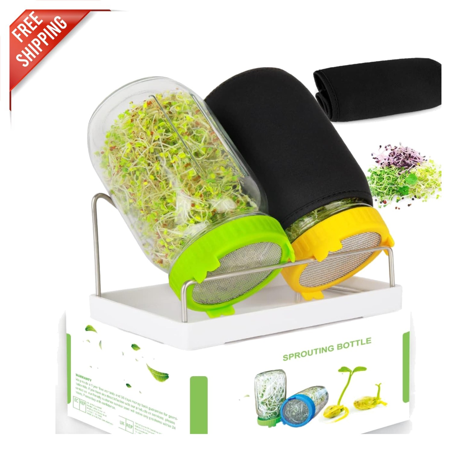 Durable Seed Sprouting Kit with 2 Glass Jars, Drain Tray & Eco-Friendly Design