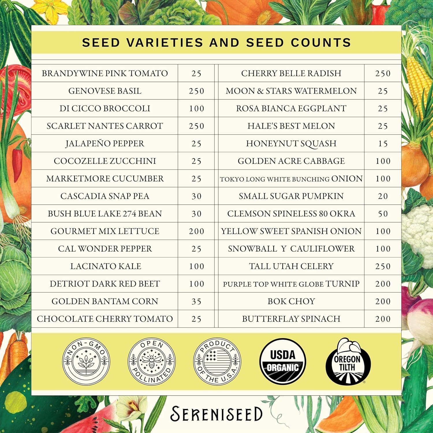 Variety Pack of Certified Organic Vegetable Seeds for Spring to Fall Gardening