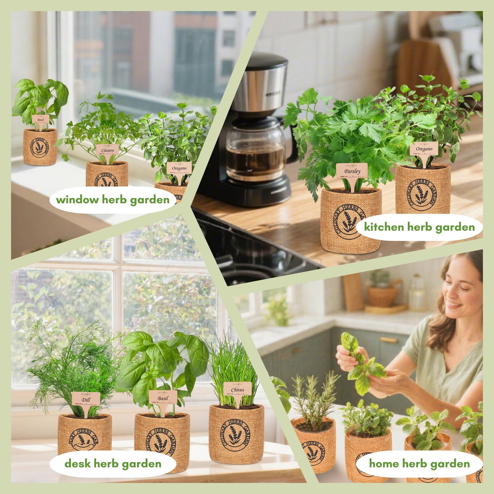 Indoor Herb Garden Kit with Organic Seeds and Burlap Pots for Easy Growing