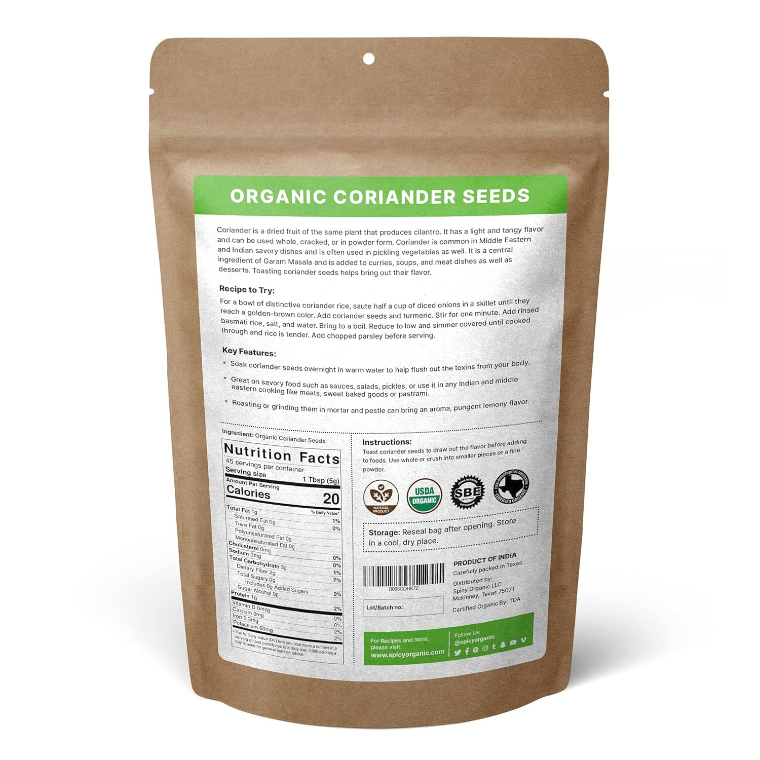 SPICY ORGANIC Whole Coriander Seeds (Semillas De Cilantro) – 8 Oz Bulk – Non-Gmo