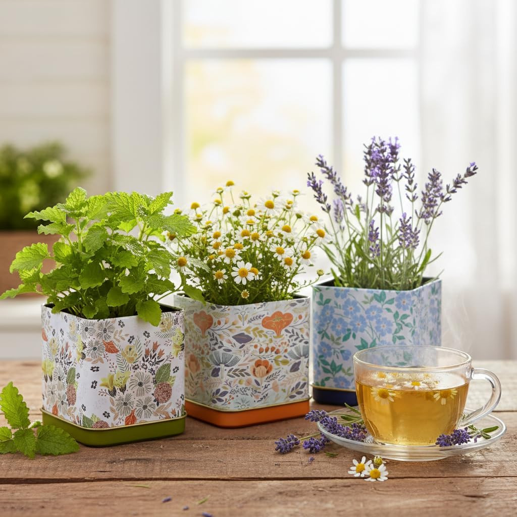 Seeds Herbal Tea Garden Grow Kit – 3 Square Tin Planters with Lavender, Chamomil