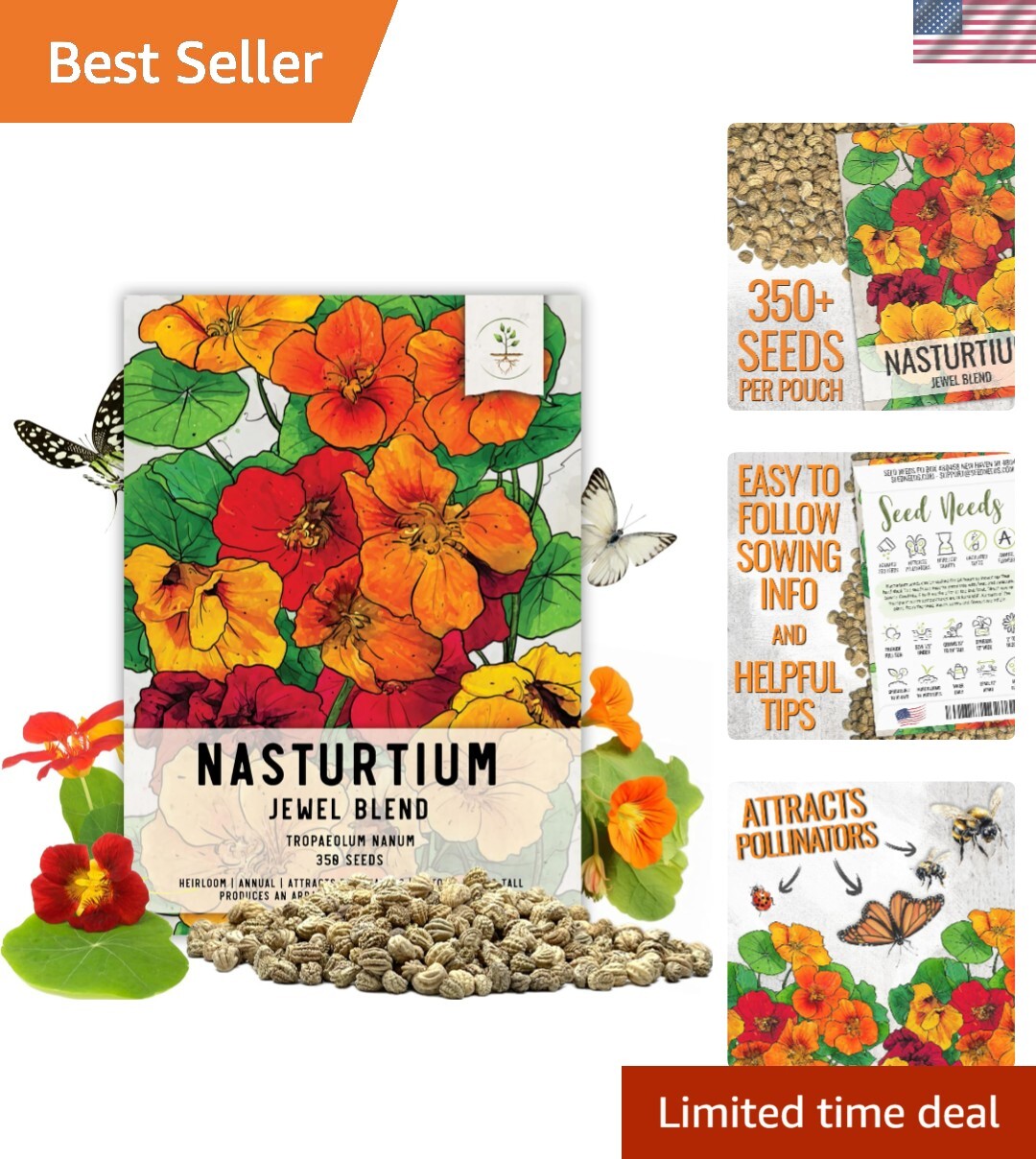 Heirloom Jewel Mix Nasturtium Seeds – Easy Grow Edible Flowers, 1.5 Ounce
